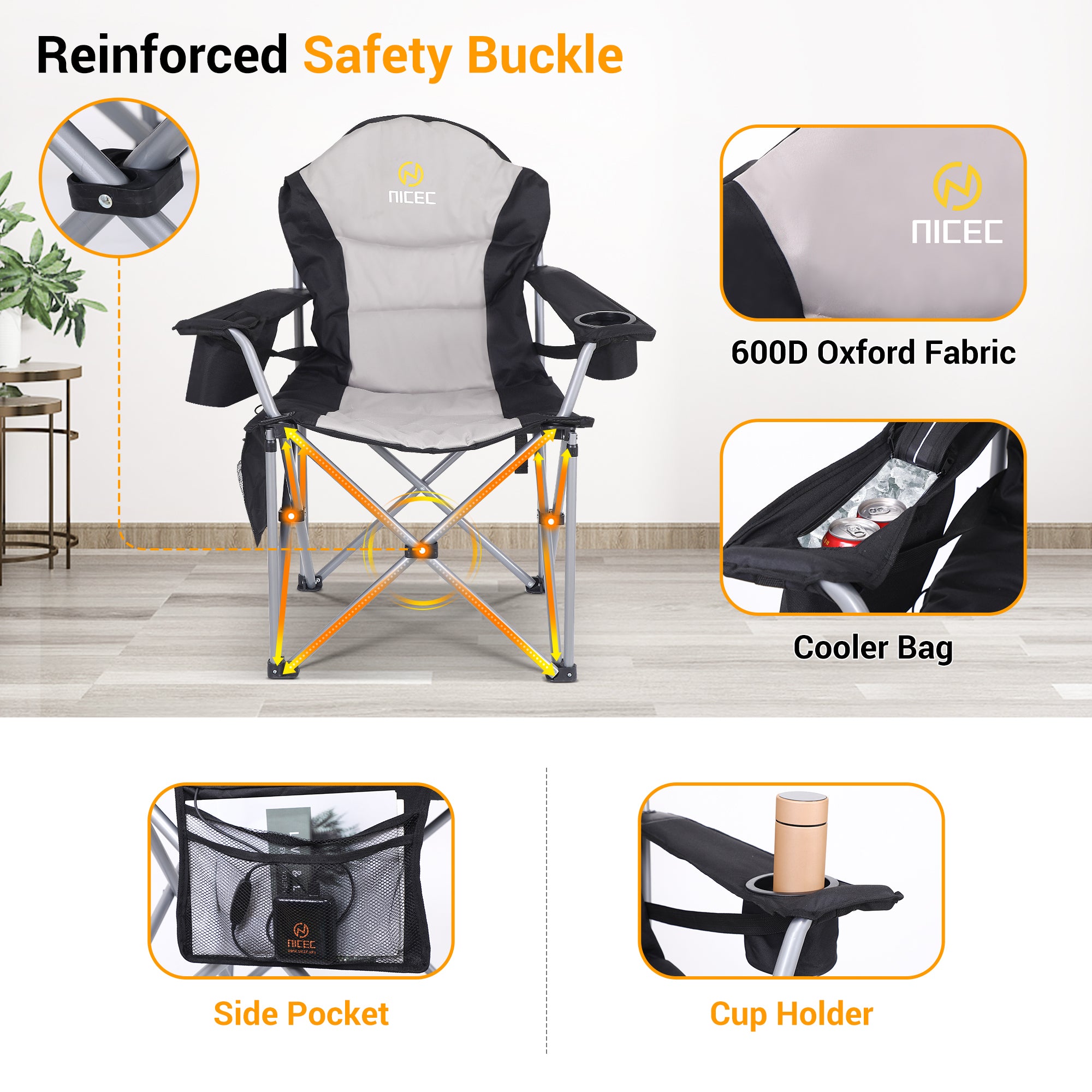 Nice C Heated Camping Chair with 10000mAh Power Bank, Heavy Duty Folding Chair with Cooler &amp; Carry Bag 