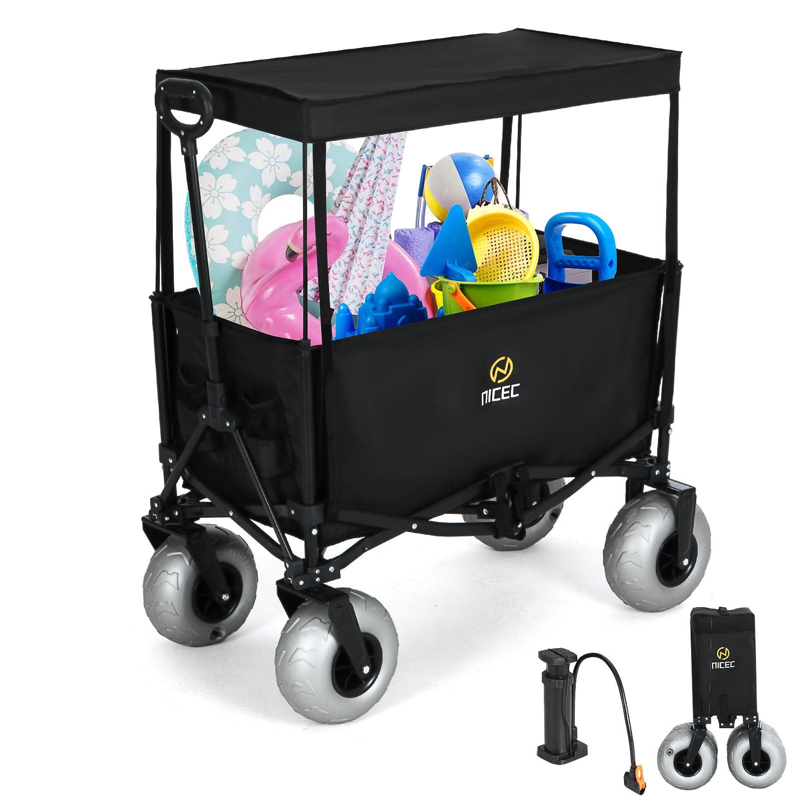 Nice C Beach Cart with Balloon Wheels, Heavy-Duty Folding Wagon for Sand, Adjustable Handle, Collapsible Utility Cart, 220 lbs Capacity
