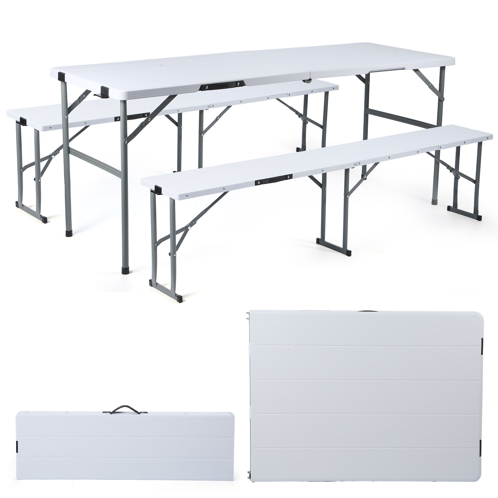 Nice C 6FT Folding Portable Picnic Table Set with 2 Benches (3 PC Black/White) | Plastic Table & Bench Set, Table With Chairs, Wood Grain Surface, Foldable, Indoor, Outdoor, Camping, Patio, Backyard, Picnic