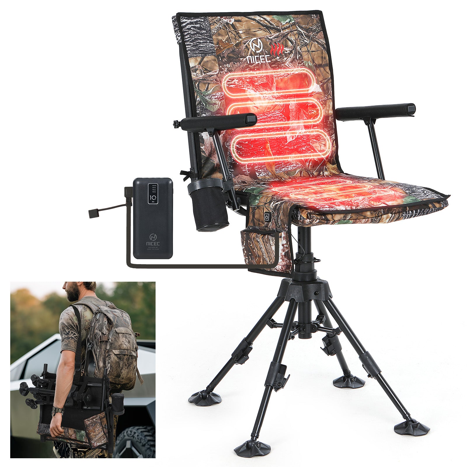 Nice C Heated Hunting Chair, Silent 360° Swivel Blind Chair, Adjustable Height, Portable Outdoor Hunting Seat