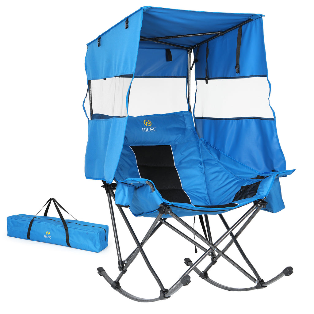 Nice C XL Rocking Camping Chair with Canopy, Folding Rocker (1 Pack/2Pack) | Oversized Outdoor Chair, Umbrella Chair, With Shade, Cup Holder, Cooler Bag, Carry Bag, Sports, Patio, Backyard