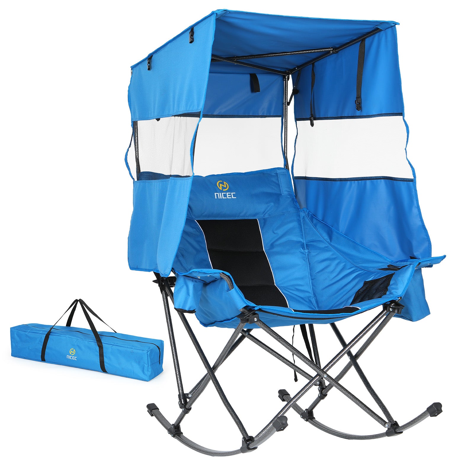 Nice C XL Rocking Camping Chair with Canopy, Folding Rocker (1 Pack/2Pack) | Oversized Outdoor Chair, Umbrella Chair, With Shade, Cup Holder, Cooler Bag, Carry Bag, Sports, Patio, Backyard