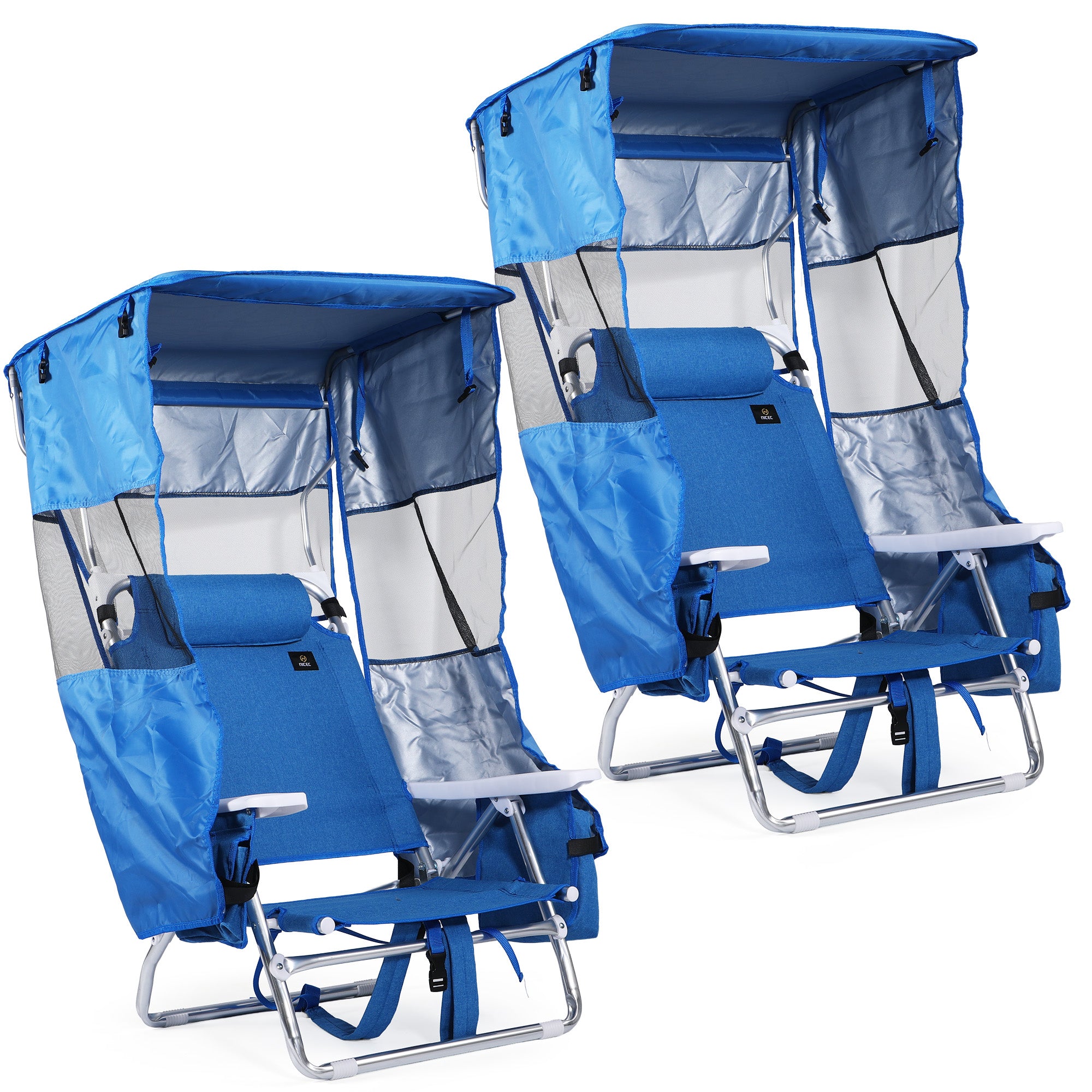 Nice C 5 Position Reclining Backpack Beach Chair with Canopy (Blue, 1 Pack/2 Pack) | Folding Beach Chair, Headrest, Cooler Pocket, Cup Holder, Lightweight, Fishing, Travel