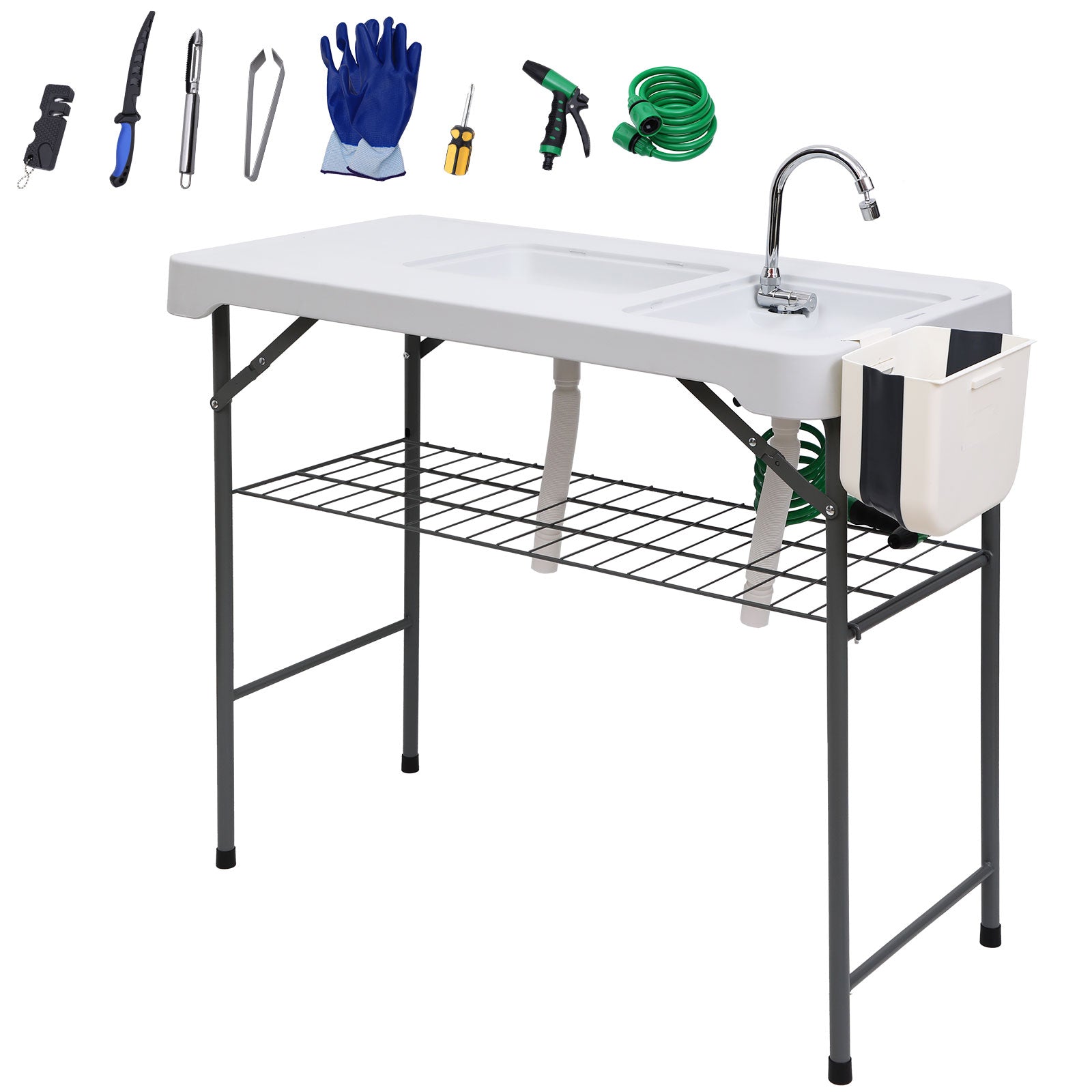 Nice C Outdoor Fish Cleaning Table with Sink, Spray, and Storage Rack 