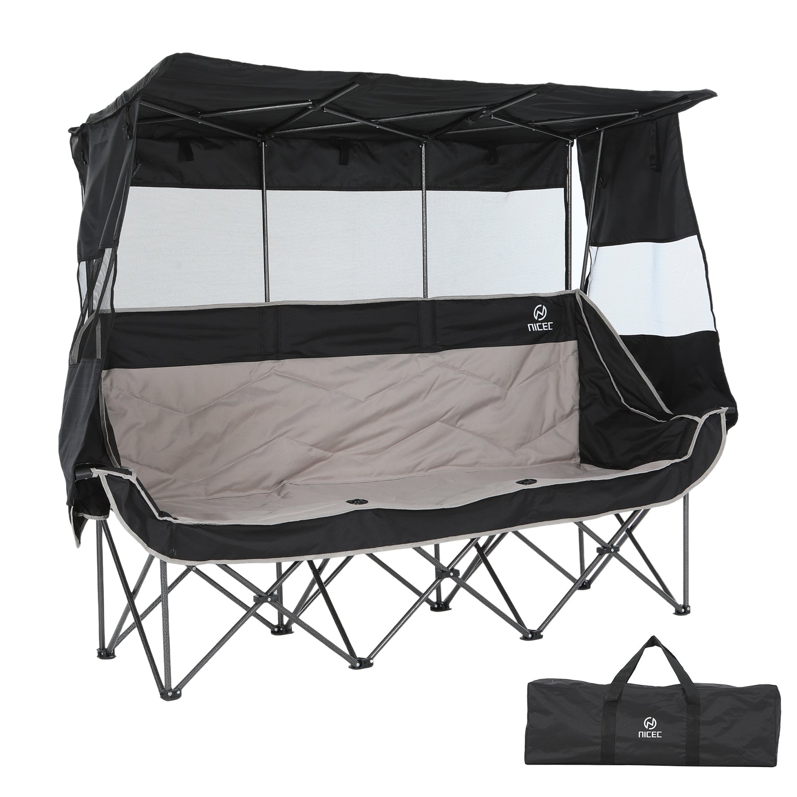 Nice C Triple Camping Loveseat with Shade, Folding 3-Seat Outdoor Chair with Cooler Bag &amp; Cup Holders, Padded for Comfort