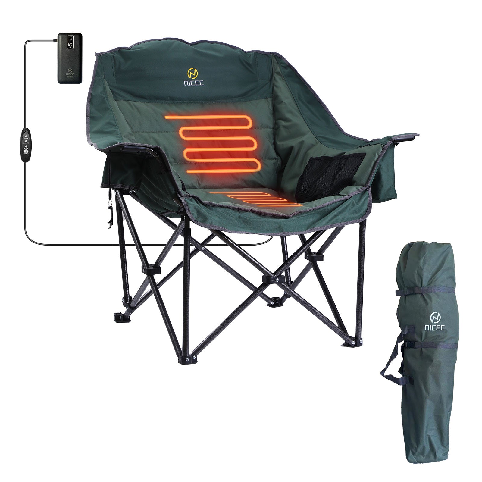 Nice C Heated XL Padded Camping Chair with Battery &amp; Cooler Bag 