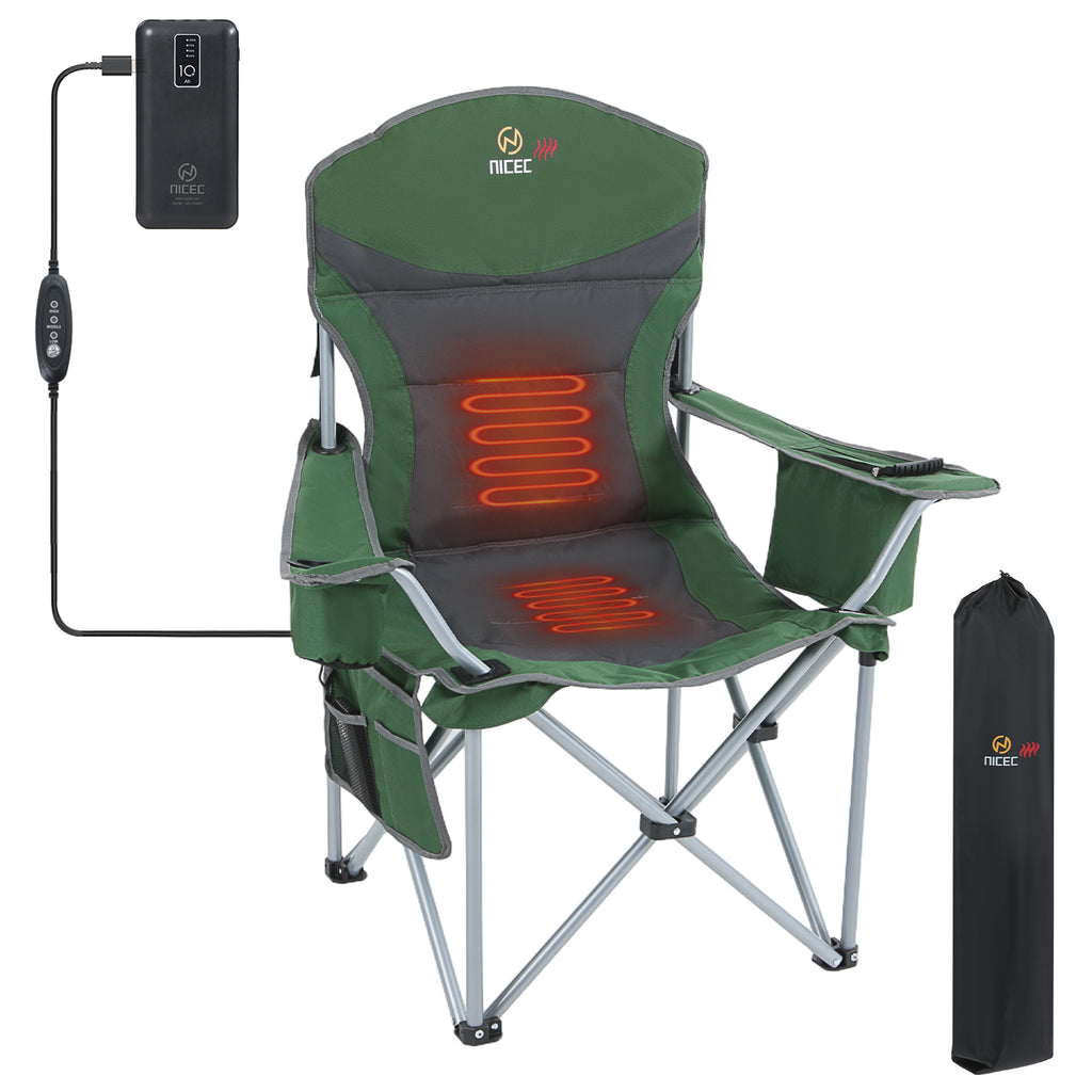 Green &amp; Gray Nice C Heated Camping Chair with Battery, Folding Outdoor Chair with Cooler &amp; Power Bank 