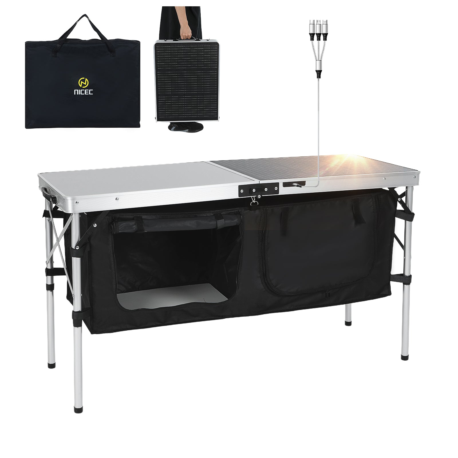 Nice C 45W Solar Folding Camping Table with Storage, USB/Type-C/DC Output, Outdoor Picnic &amp; BBQ