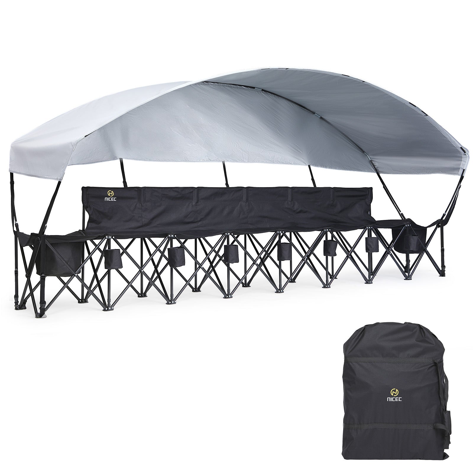 Nice C 6 Seat Folding Team Bench with Canopy & Cooler (Black) | Sun Shade, Portable Soccer Bench, Canopy Chair, Cup Holders, Cooler Bag, Soccer, Football, Basketball, Camping, Events
