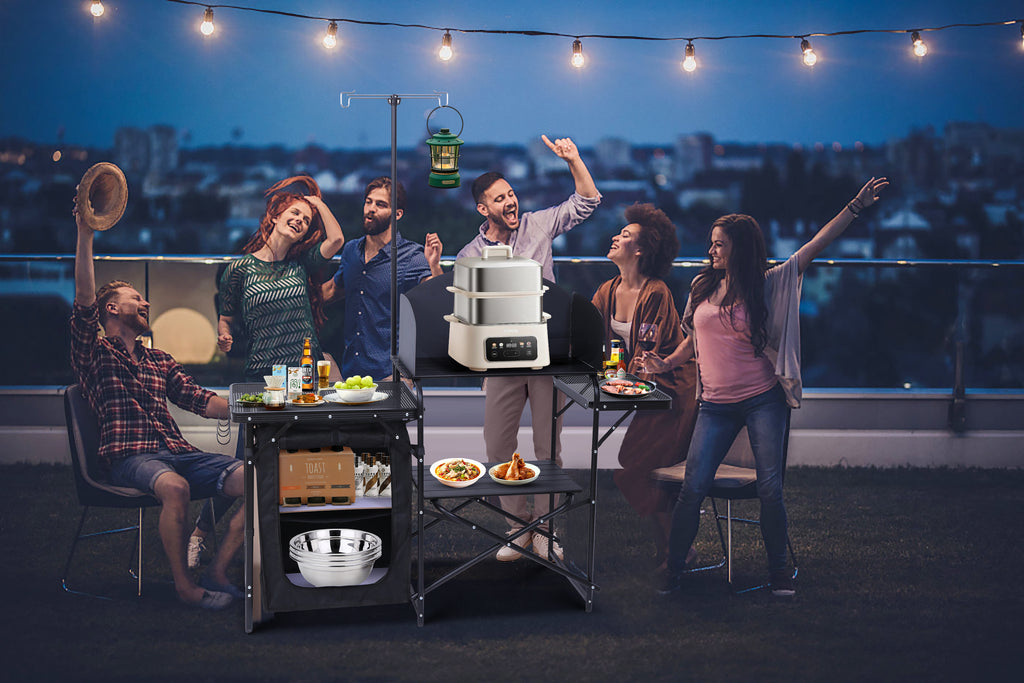 Nice C Camping Kitchen Table Station, Portable Folding Grill Table (Black) | Picnic Cook Table, Camping Organizer, Upgraded Light Stand, Windshield, Carry Bag, Outdoor, Beach, Picnic