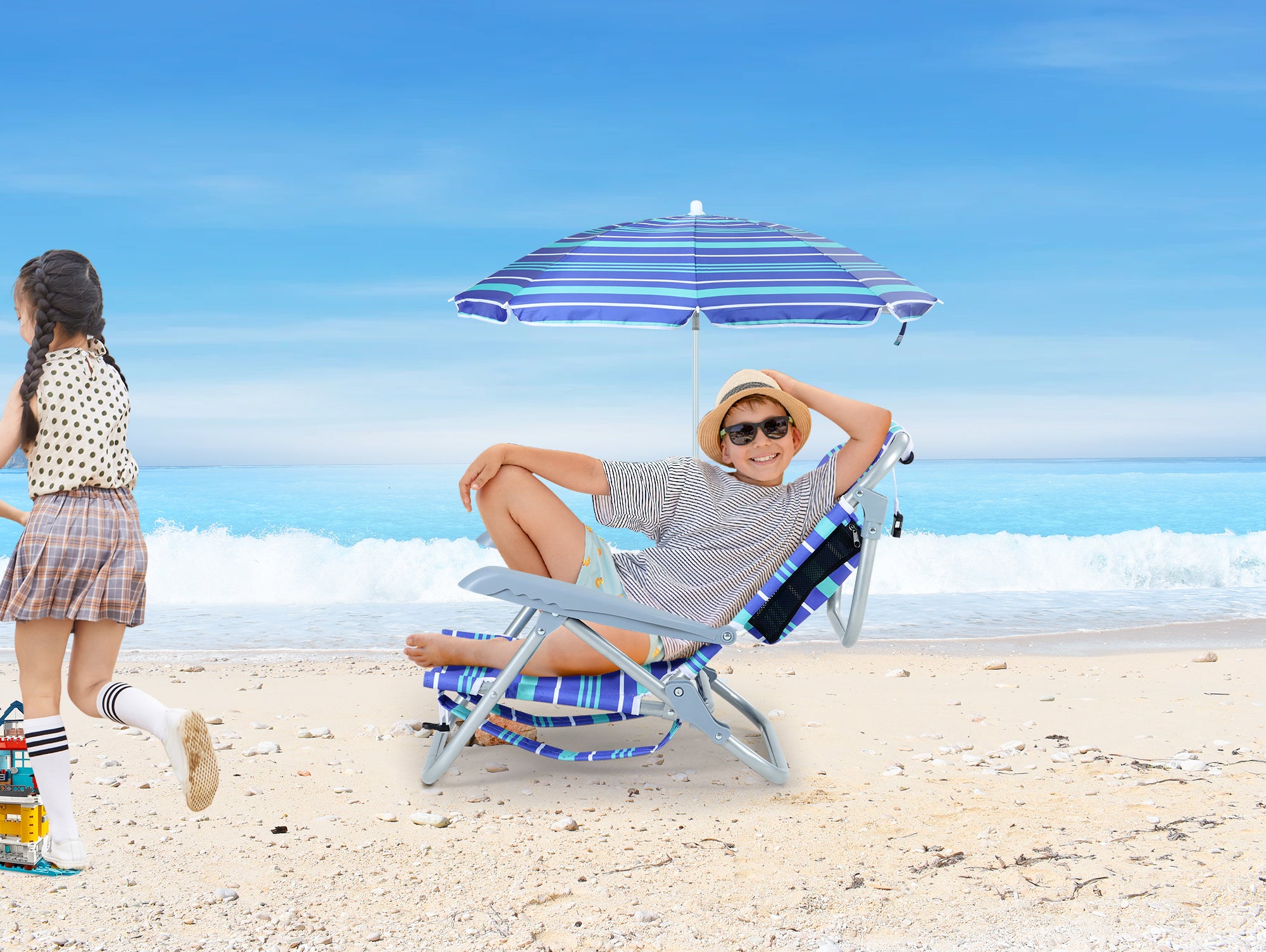 Nice C Kids Outdoor Beach Chair – 5-Position Recline, Backpack Camping Chair with Umbrella &amp; Cup Holder