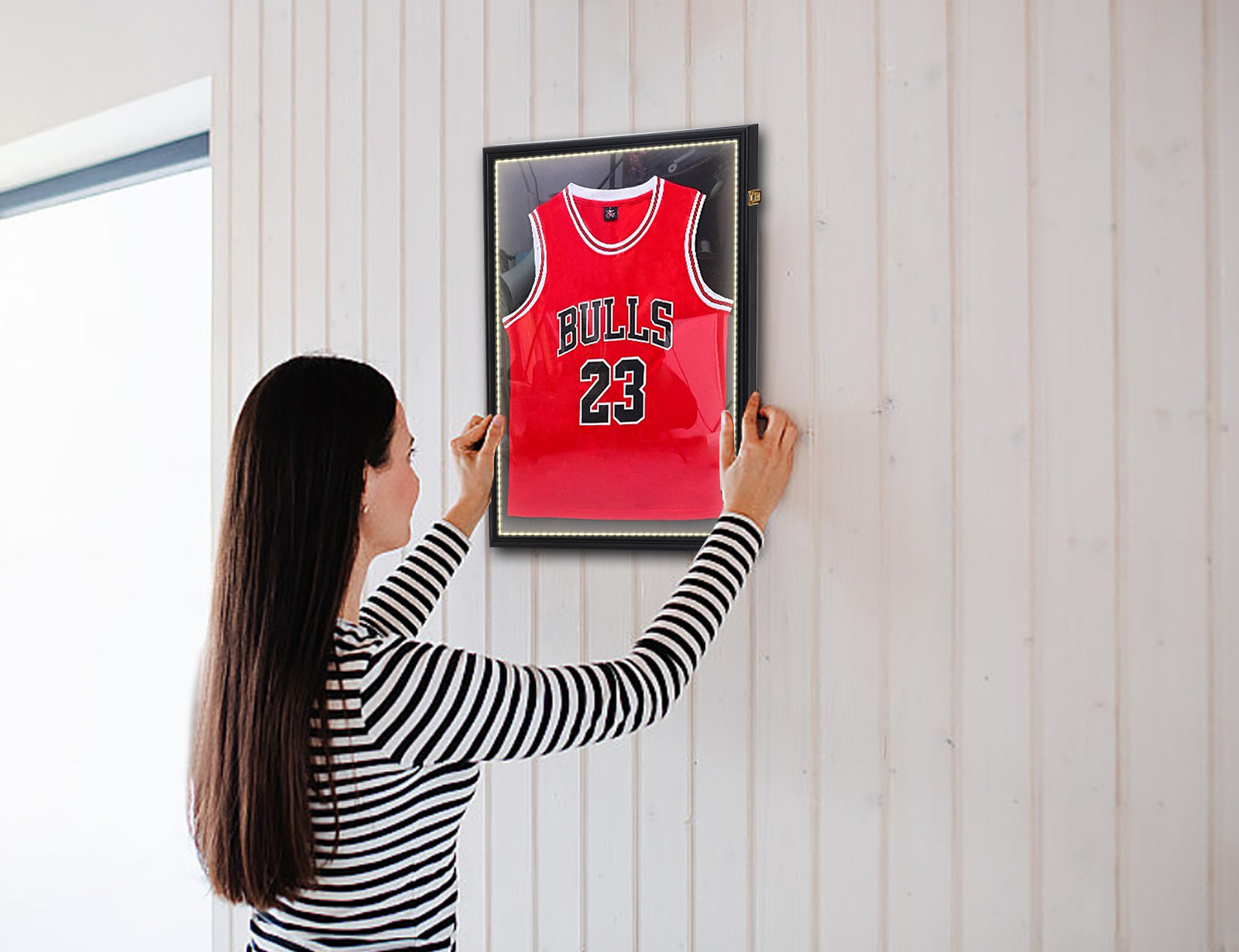 Nice C Lighted Jersey Frame, LED Display Case for Football &amp; Basketball, Valet Pinboard 