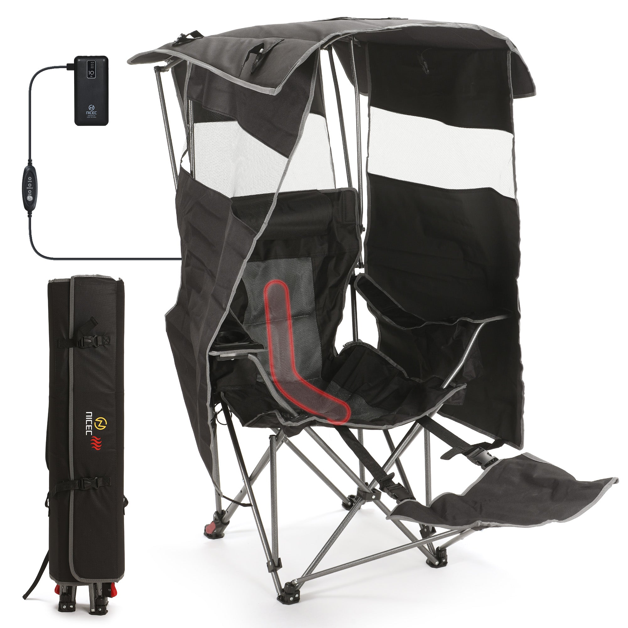 Nice C Heated 4-Position Reclining Canopy Umbrella Camping Chair (1 Pack/2 Pack) | Folding Chair, With Adjustable Shade, Backrest, Footrest, Cooler Bag, Cup Holder, for Camping, Beach, Sports