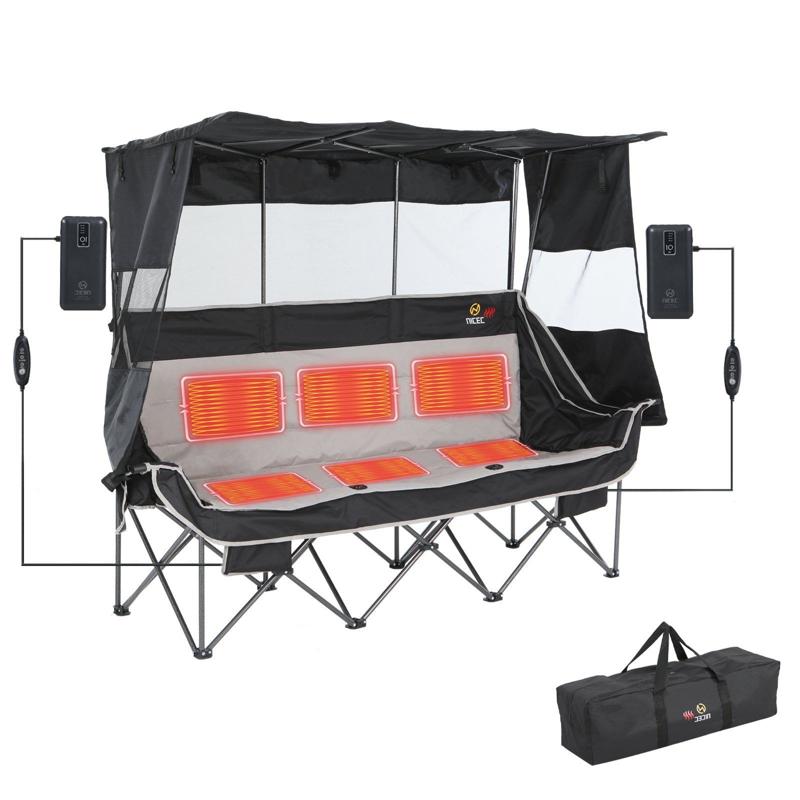 Nice C Heated 3 Person Camping Chair with Canopy, Oversized Padded Loveseat with Cooler &amp; Cup Holder