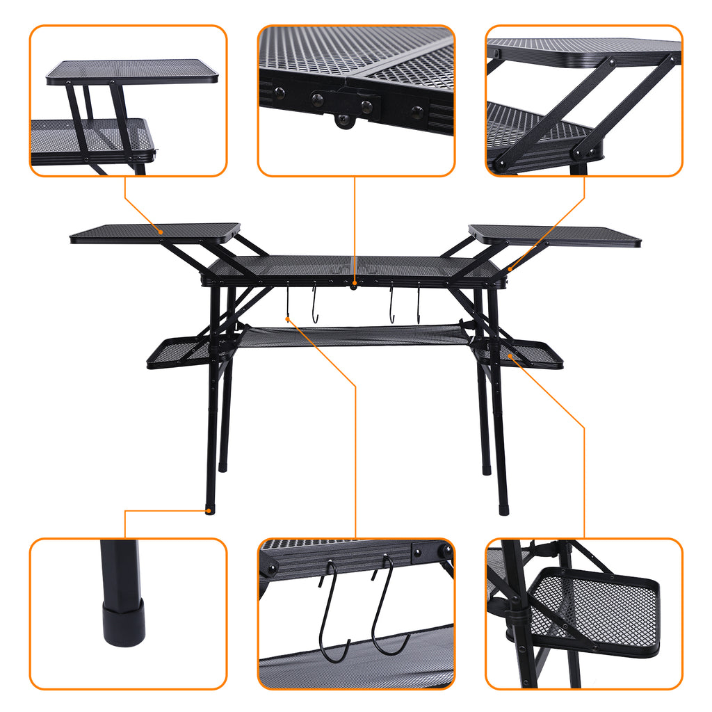 Nice C Camping Metal Table, Compact Outdoor Folding Tailgate Grill Table | Lightweight Fold-Up, 4 Side Tables, Mesh Net, BBQ, Camping, Picnic