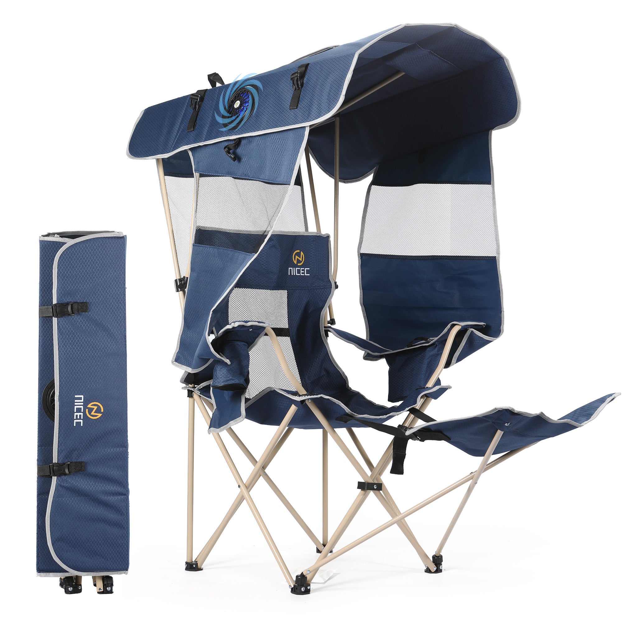 Nice C Canopy Camping Chair with Fan, Folding Umbrella Chair (1 Pack/2 Pack, Blue) | Oversized Chair, USB Powered Cooling Chair, Canopy, Footrest, Side Shade, Outdoor, Camping, Sports, Beach