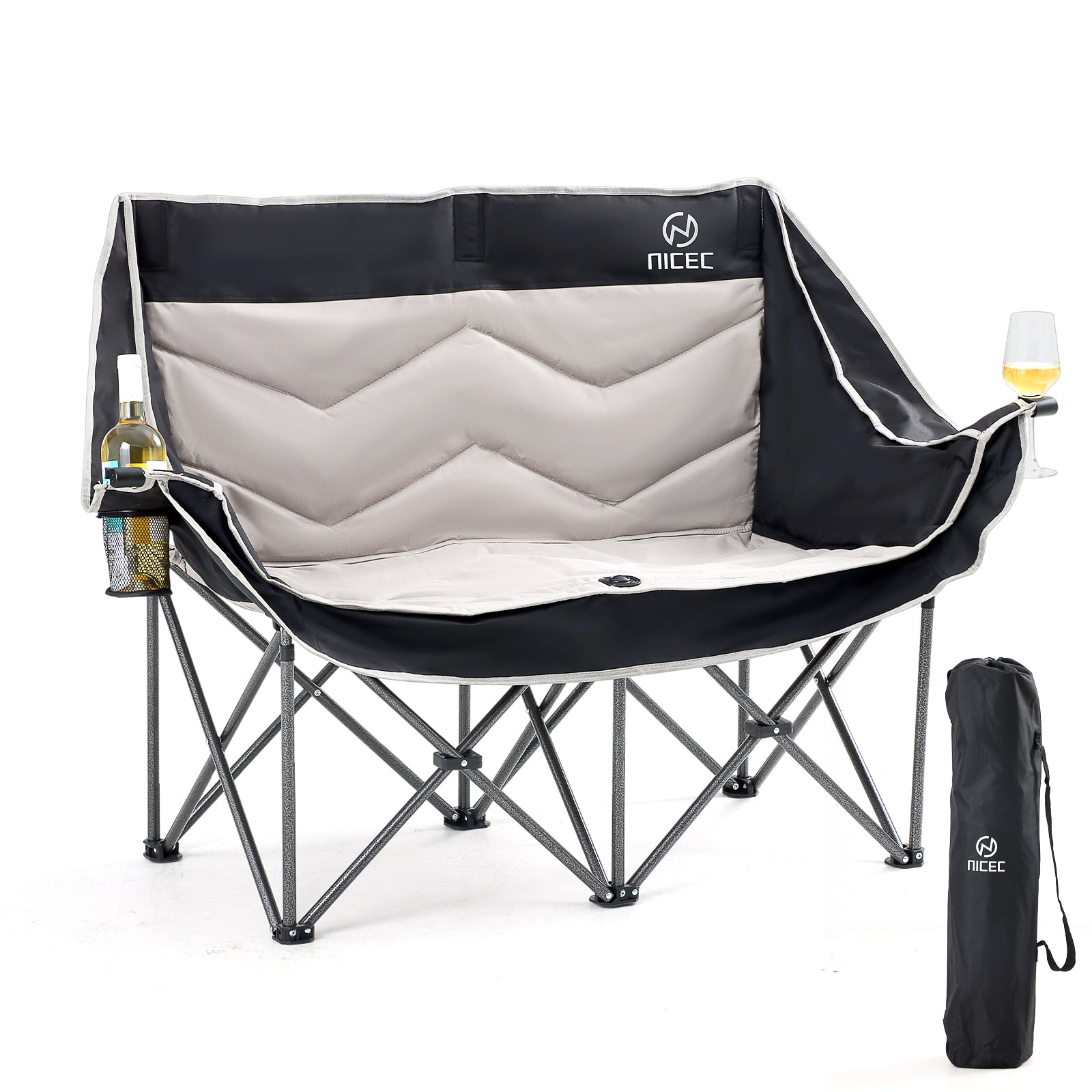 Black &amp; Gray Nice C Oversized Padded Camping Loveseat, Folding Chair with Cooler &amp; Cup Holder 
