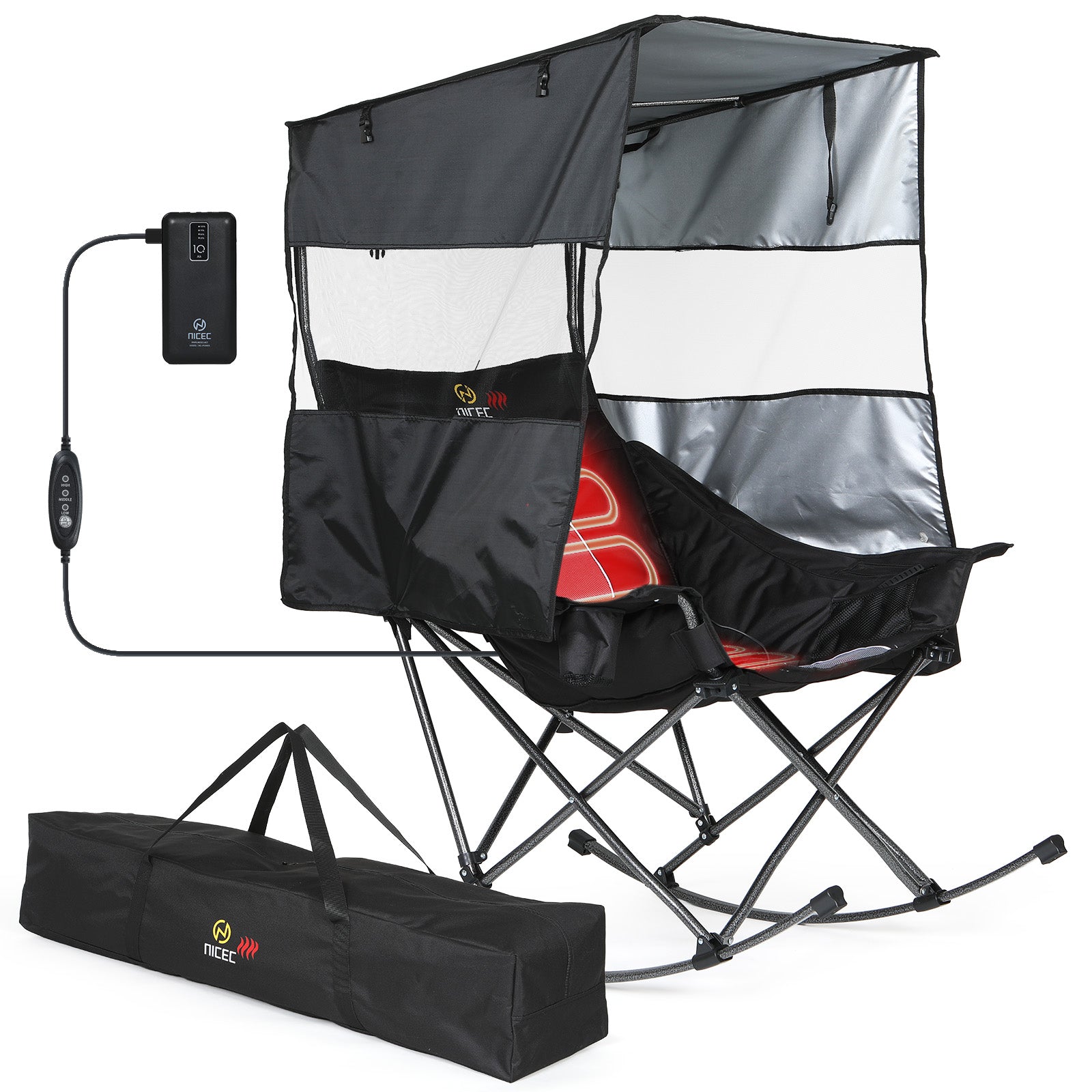 Nice C Heated XL Rocking Camping Chair with Canopy (1 Pack/2 Pck Heating, Black) | Outdoor Chair, Folding Rocker, Umbrella Chair, With Shade, Cup Holder, Cooler Bag, Sports, Patio, Backyard
