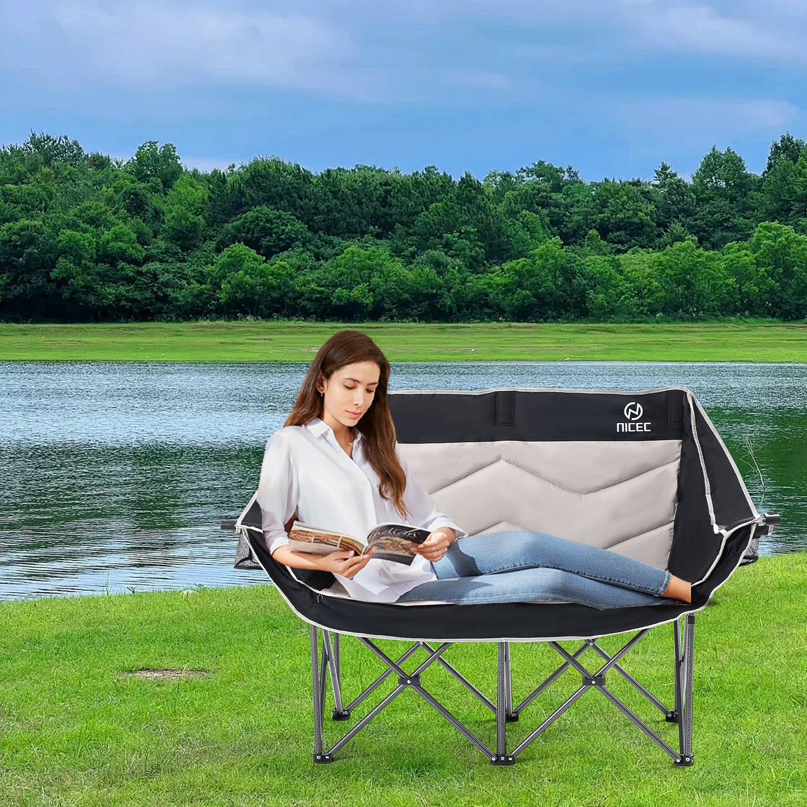 Black &amp; Gray Nice C Oversized Padded Camping Loveseat, Folding Chair with Cooler &amp; Cup Holder 