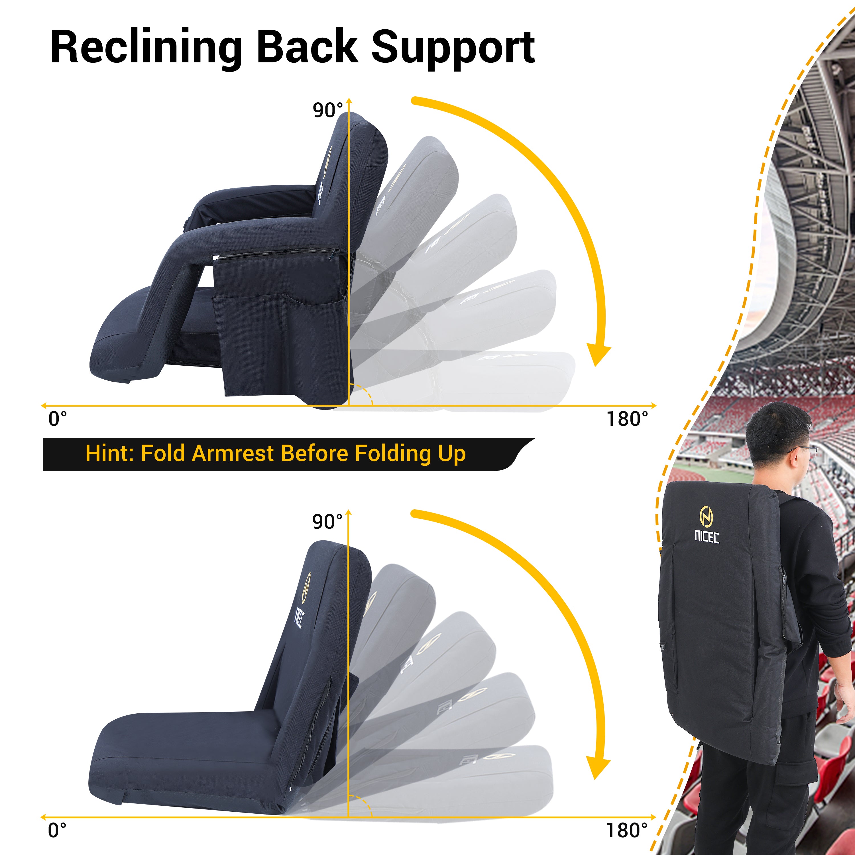 Nice C Heated Stadium Seat, Bleacher Chair with Back Support  Reclining Stadium Cushion, Foldable Floor Chair, Shoulder Straps, Side Pockets, Thick Padding, Heat
