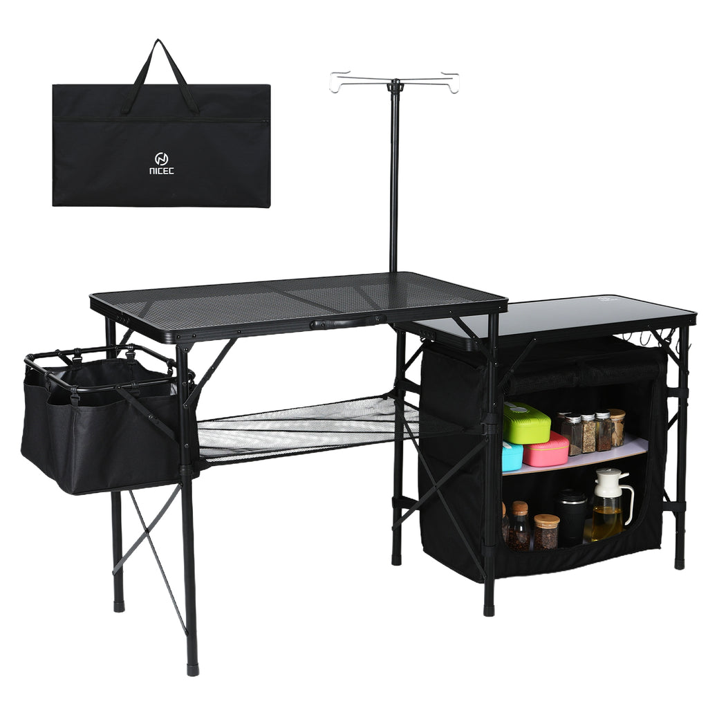Nice C Camping Kitchen Table, Portable Folding Camp Cook Station (Black) | Grill Table for Blackstone Griddles, Storage Organizer, Light Pole, Outdoor, Picnic, Beach, RV Traveling