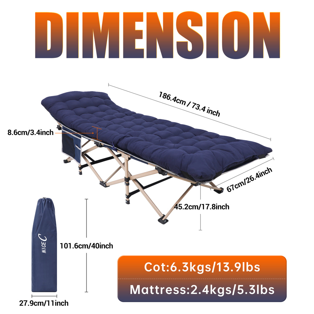 Nice C Camping Cot with Cushion, Folding Cot with Mattress\ Camping Bed with Pillow, Mattress Included, Extra Wide, 500 lb Capacity, Carry Bag, Storage Pocket