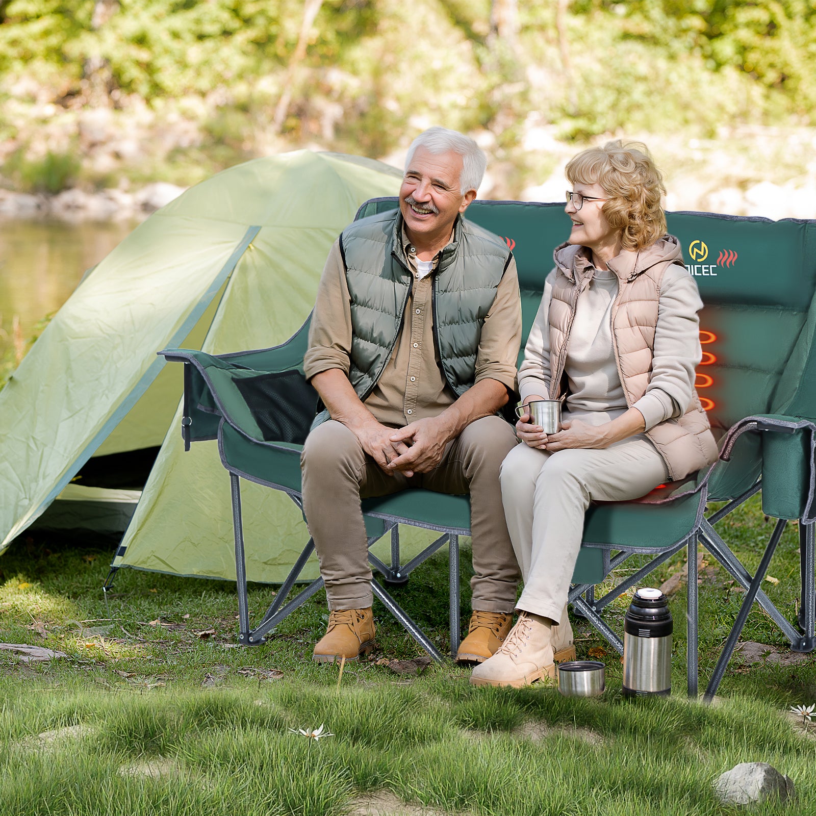 Nice C Padded Heated Loveseat Camping Chair for Adults, with Power Bank &amp; Bottle Opener 