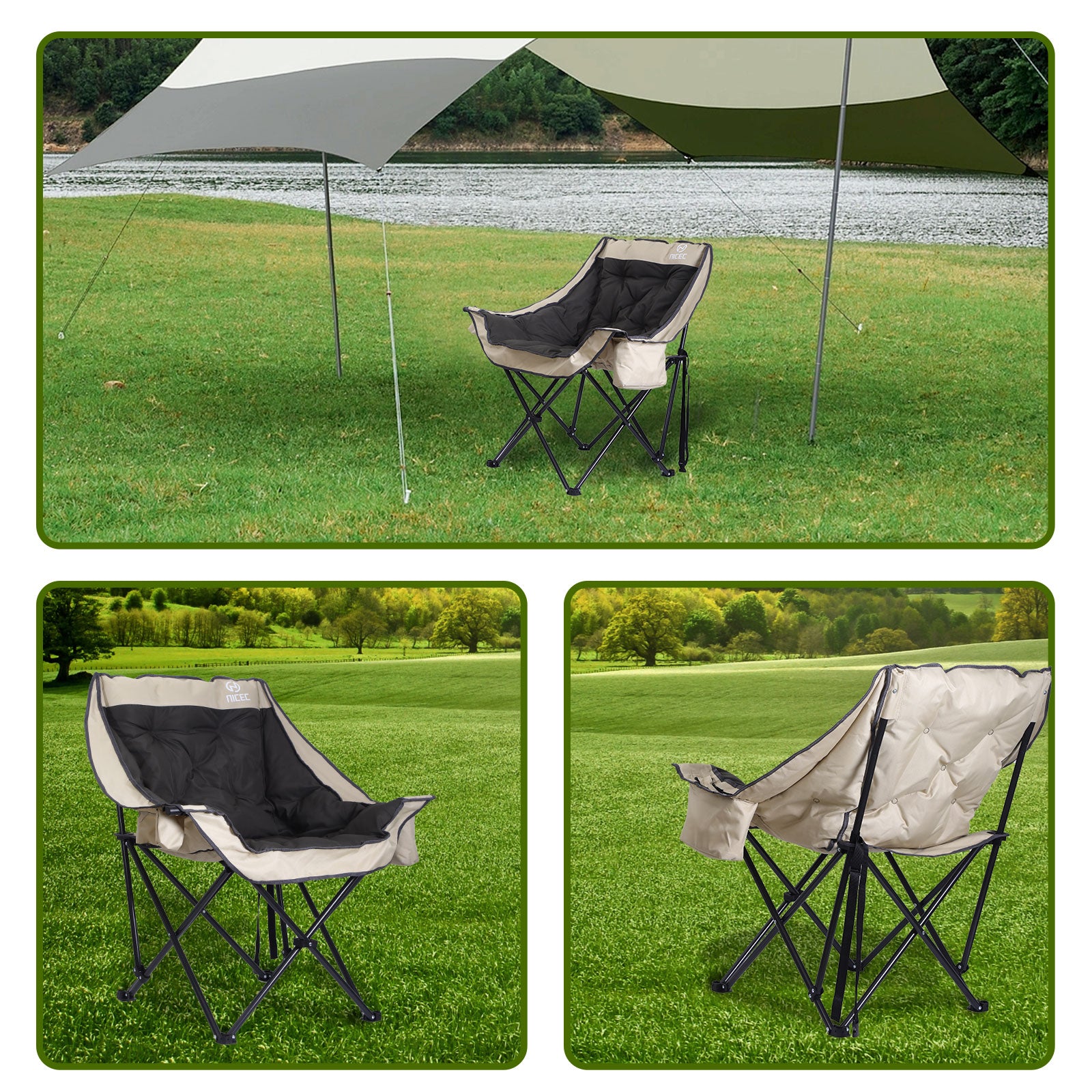 Nice C Heavy-Duty Folding Camping Chair, Thick Padded Seat with Storage &amp; Cup Holder 