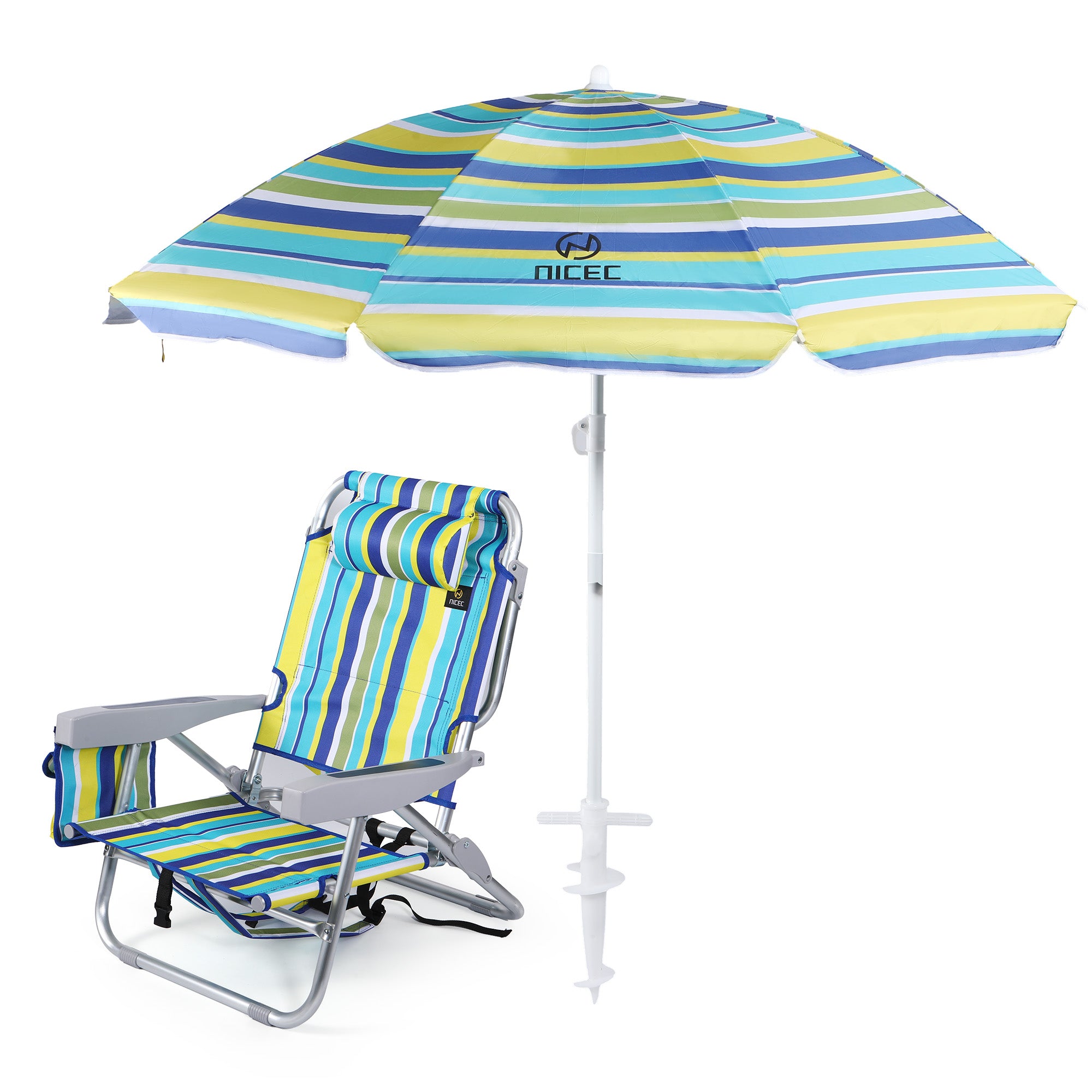 Nice C Backpack Beach Chair with Umbrella, Stripe Sand Lake Chair (1 Pack/2 Pack) | Low Beach Chair, Backpack Beach Chair, Sillas De Playa, High Back, Cooler, Cup Holder, Heavy Duty, Adults