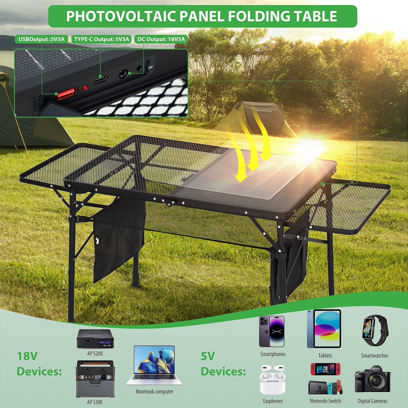 Nice C Solar-Powered Camping Table, USB/Type-C/DC Charging, Mesh Storage, Cup Holders