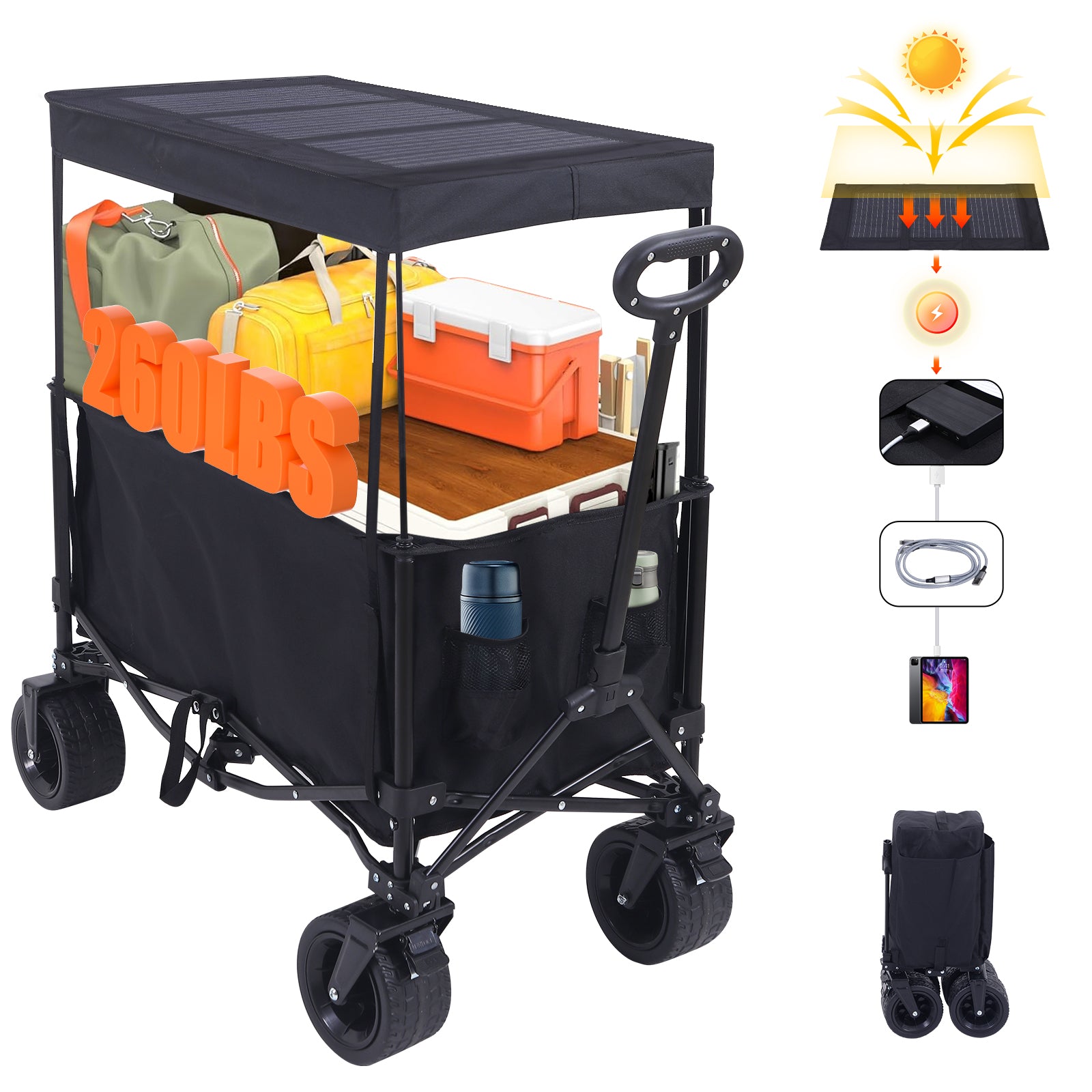 Nice C Foldable Wagon with Canopy &amp; 30W Solar Panel – All-Terrain Collapsible Wagon with USB, Type-C &amp; DC Charging