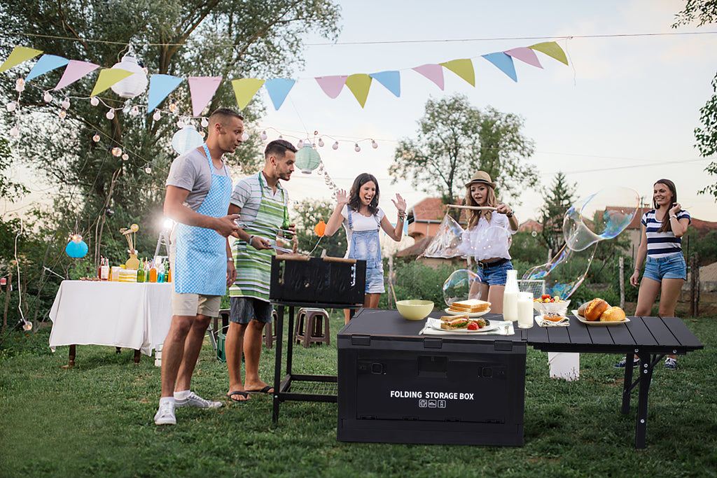 Nice C Folding Table, Storage Bin with Table, Collapsible Storage Box with Table, Organizing Containers Plastic with Wood Lid and 2 Side Doors, Stackable Organizer