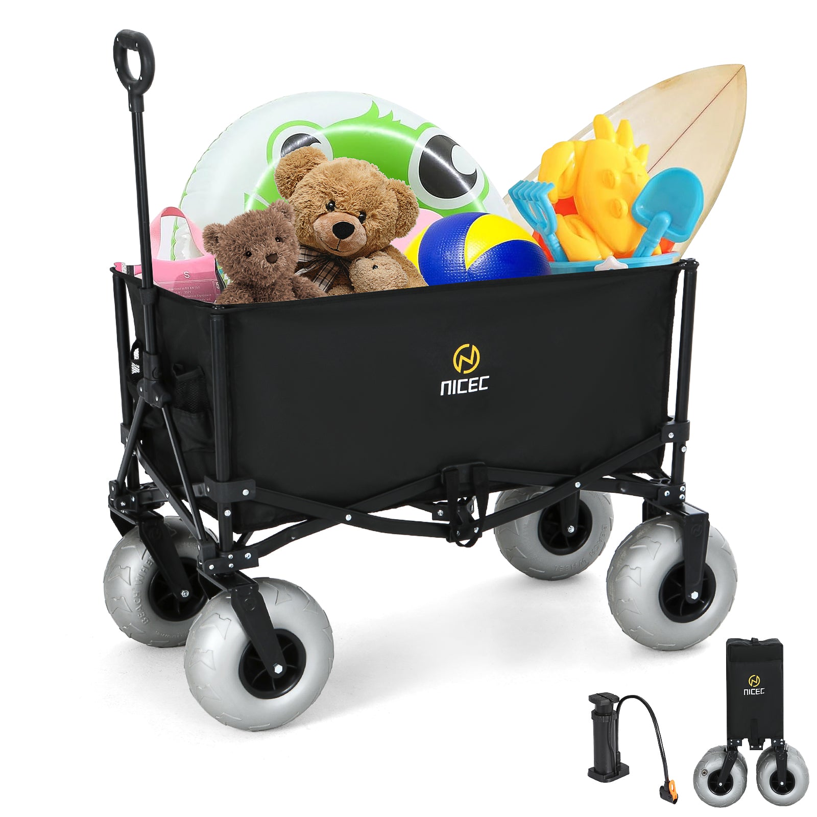 Nice C Beach Cart with Balloon Wheels, Heavy-Duty Folding Wagon for Sand, Adjustable Handle, Collapsible Utility Cart, 220 lbs Capacity