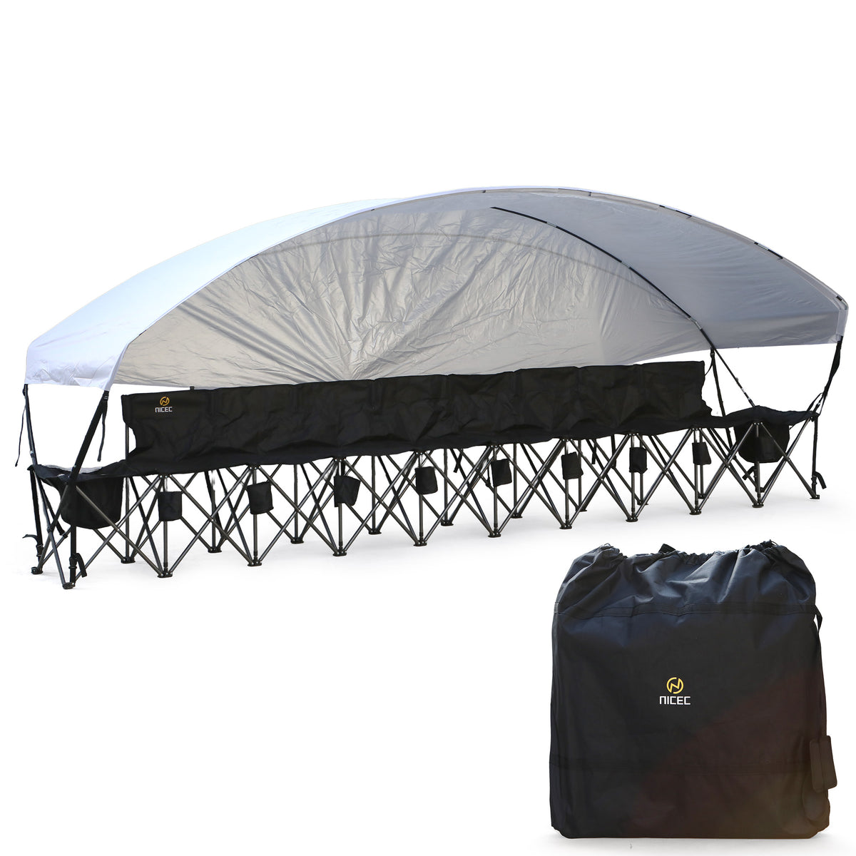 Nice C 4/6/8 Seat Folding Team Bench with Canopy & Cooler (Black) | Sun Shade, Portable Soccer Bench, Canopy Chair, Cup Holders, Cooler Bag, Soccer, Football, Basketball, Camping, Events