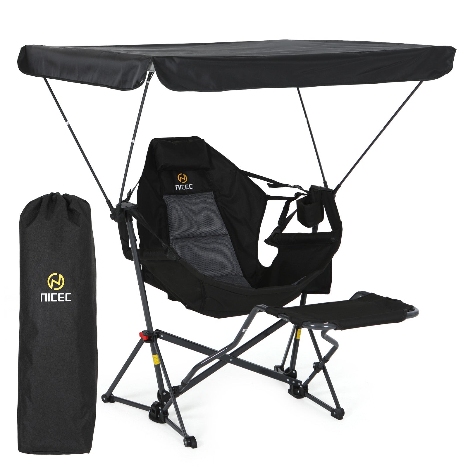Nice C Hammock Chair with Adjustable Canopy & Detachable Footrest | Portable Swinging Chair, Folding Rocking Design, Cup Holder, Carry Bag, Camping, Beach, Backyard, Outdoor