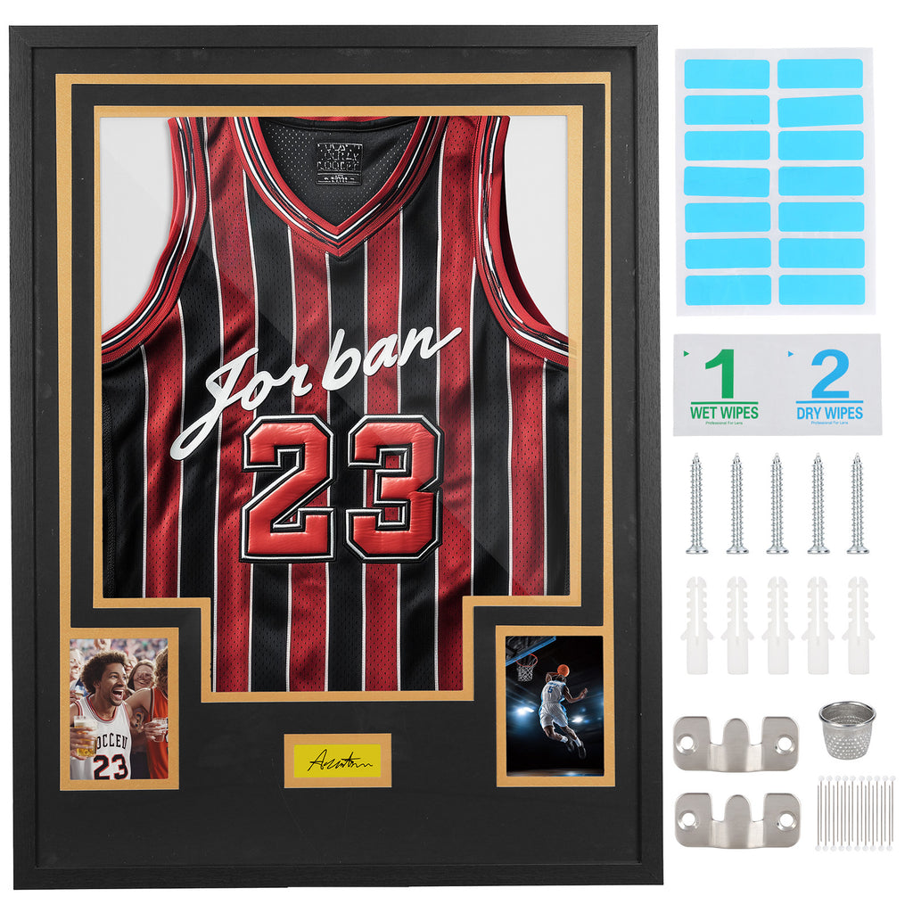 Nice C DIY Jersey Frame Display Case with Custom Color Mat, Wall Mount Custom Jersey Frame with Photo Slots, Shirt Display Shadow Box, with Hardware Kit, Signature Display, Football Basketball Soccer