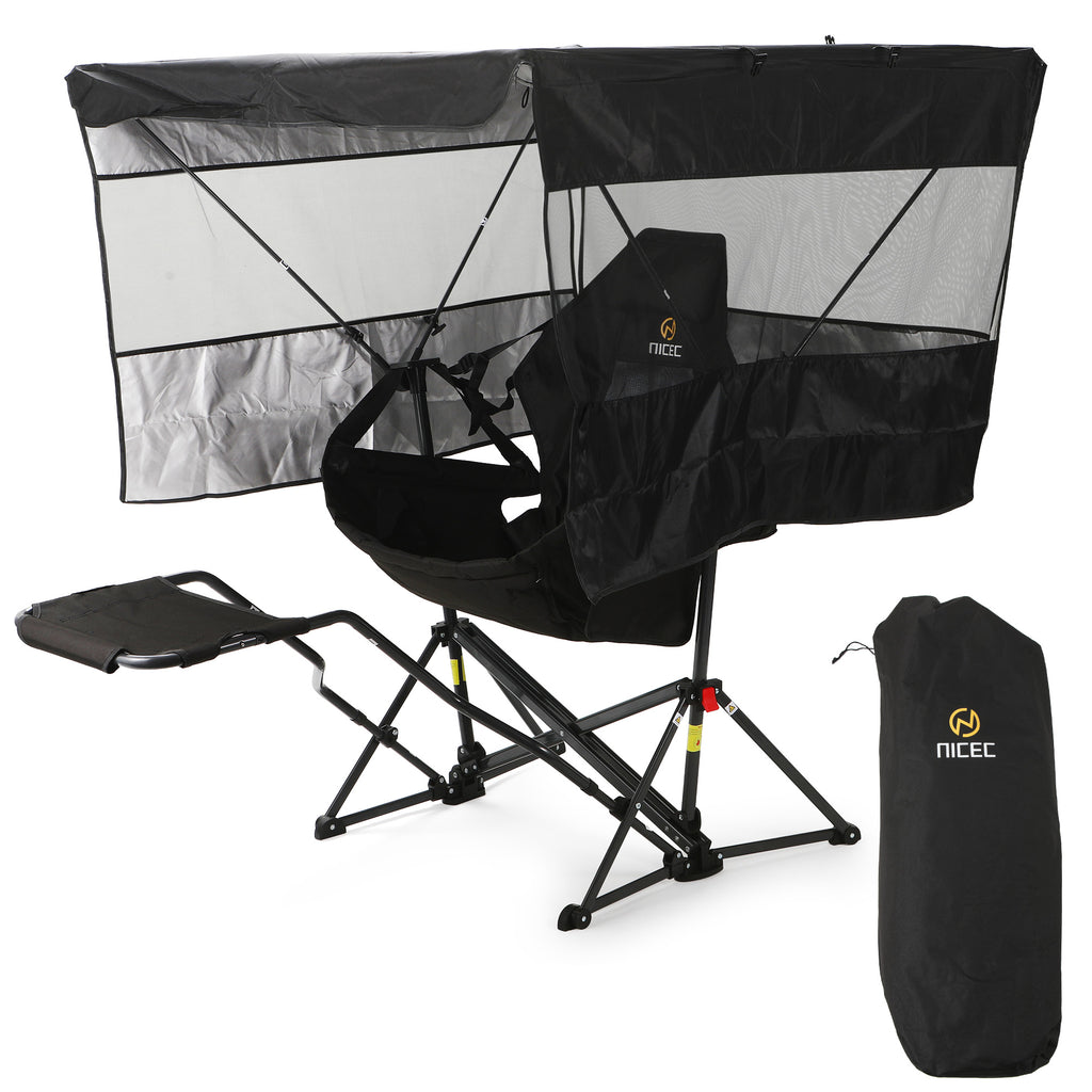 Nice C Hammock Camping Chair with Full-Cover Canopy & Footrest (1 Pack/2 Pack) | Side Shade, Adjustable Reclining Backrest, Folding Design, Removable Roof, Cup Holder, Carry Bag, Camping, Hunting, Fishing