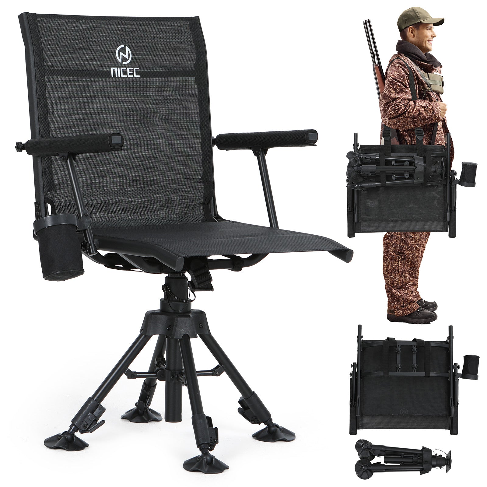 Nice C 360° Swivel Hunting Chair, Silent Rotating Blind Chair with Adjustable Height, Armrest &amp; No-Sink Feet