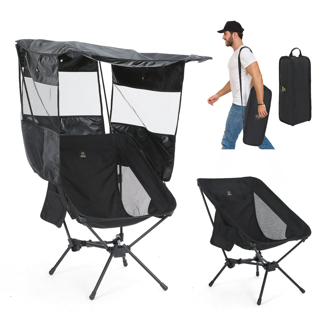 Nice C Camping Chair with Canopy, Ultralight Chair with Shade (1 Pack/2 Pack) | Compact Backpack Folding Chair, Portable Fishing Chair, Travel, Picnic, Festival, Hiking, Sports, Outdoor