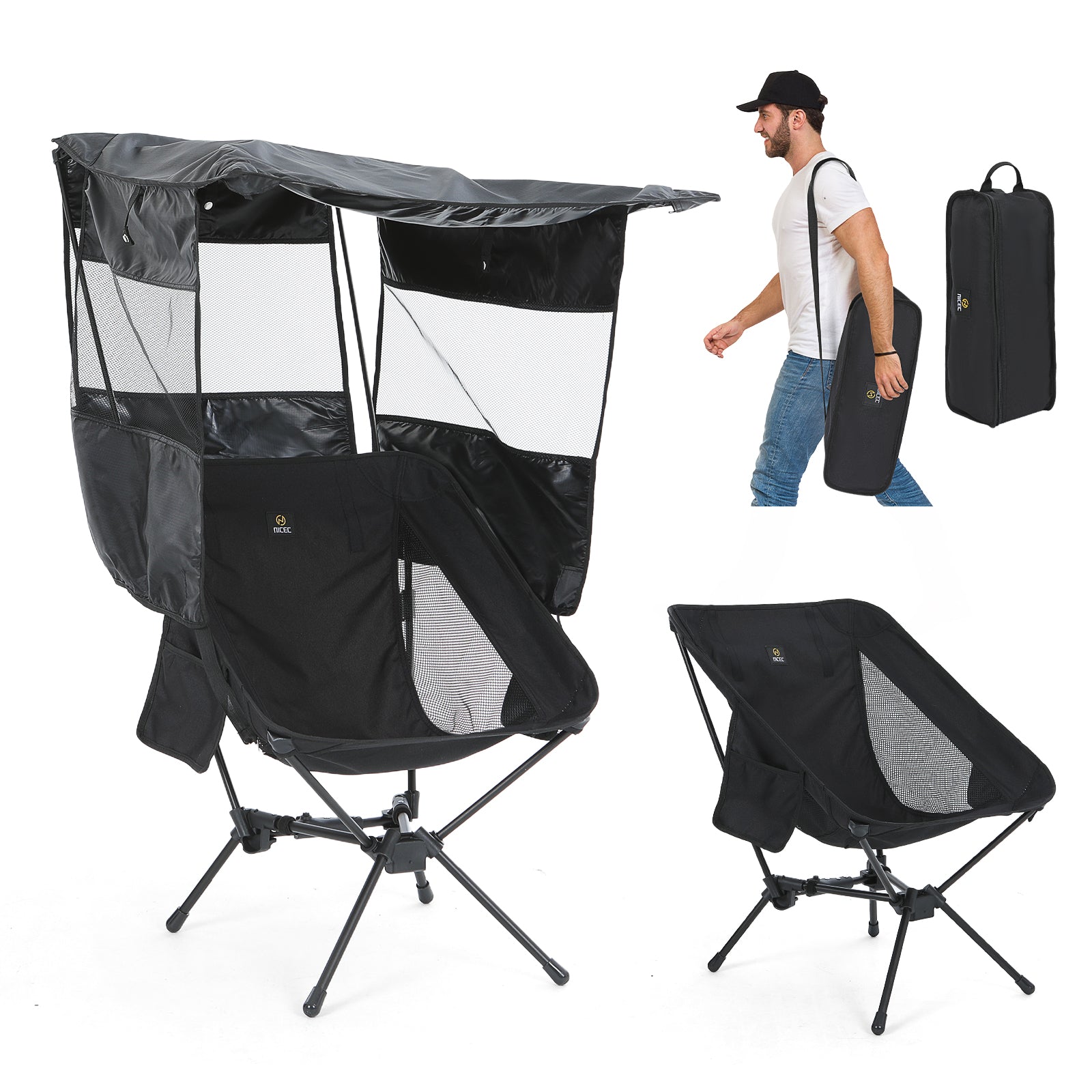 Nice C Camping Chair with Canopy, Ultralight Chair with Shade (1 Pack/2 Pack) | Compact Backpack Folding Chair, Portable Fishing Chair, Travel, Picnic, Festival, Hiking, Sports, Outdoor
