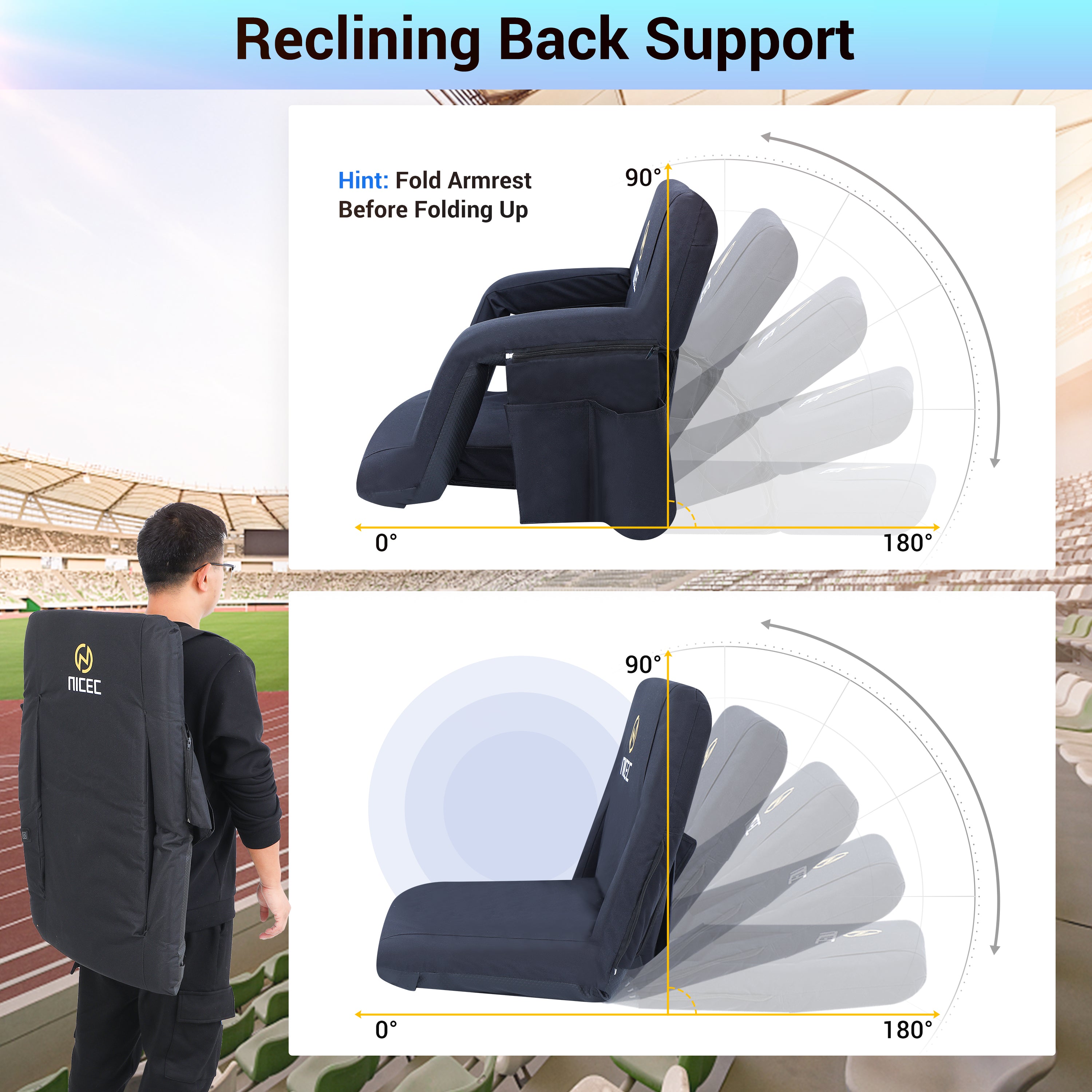 Nice C Reclining Bleacher Seat, Stadium Seat with Back Support (1 Pack/2 Pack) | Reclining Stadium Cushion, Foldable Floor Chair, Shoulder Straps, Side Pockets, Thick Padding, Heat