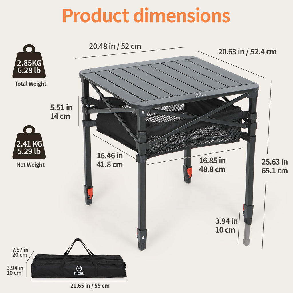 Nice C Adjustable Square Table, Folding Camping Table, Roll-up Tabletop, Lightweight, with Carry Bag, for Outdoor, Camping, Picnic, backyards, BBQ (Medium)