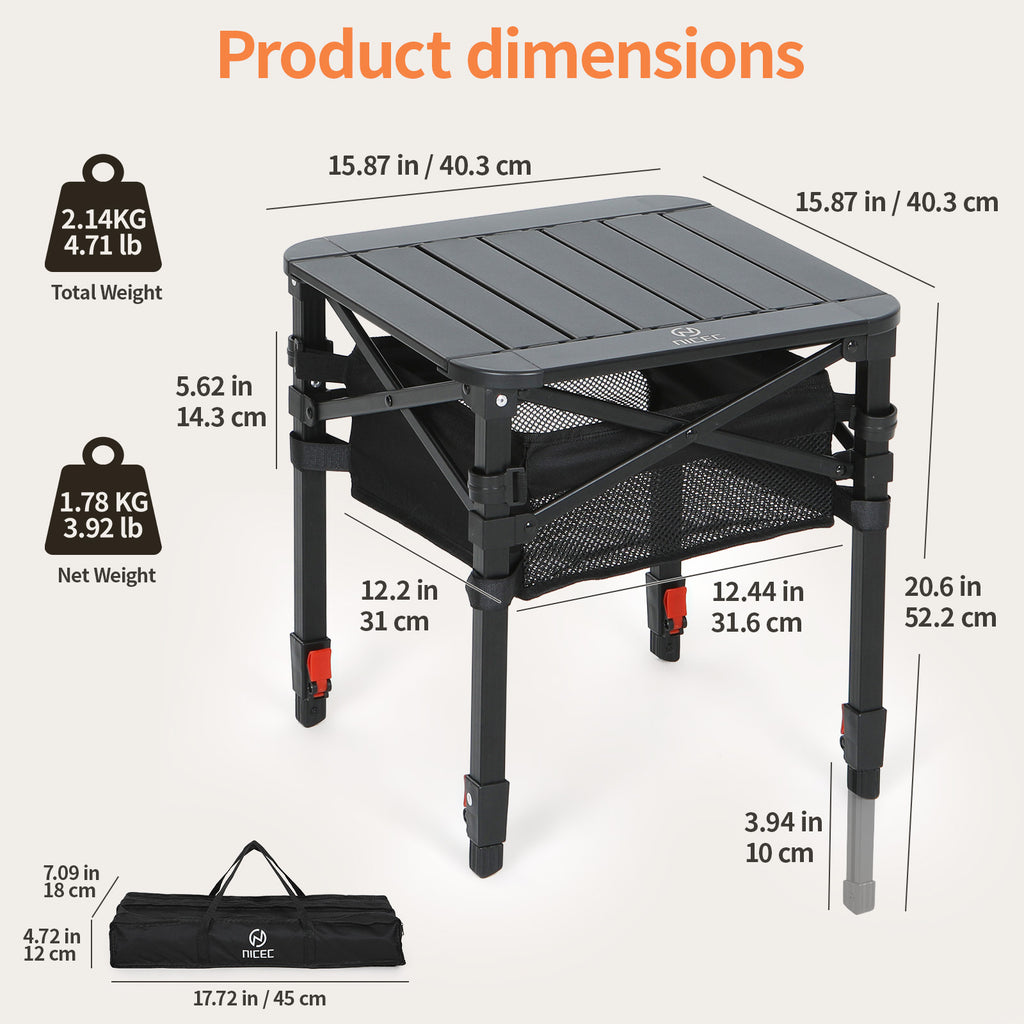 Nice C Adjustable Square Table, Folding Camping Table, Roll-up Tabletop, Lightweight, with Carry Bag, for Outdoor, Camping, Picnic, backyards, BBQ (Small)