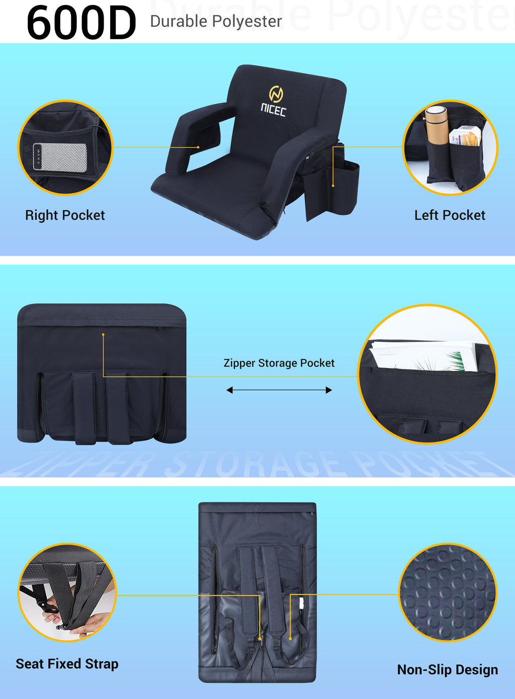 Nice C Reclining Bleacher Seat, Stadium Seat with Back Support (1 Pack/2 Pack) | Reclining Stadium Cushion, Foldable Floor Chair, Shoulder Straps, Side Pockets, Thick Padding, Heat