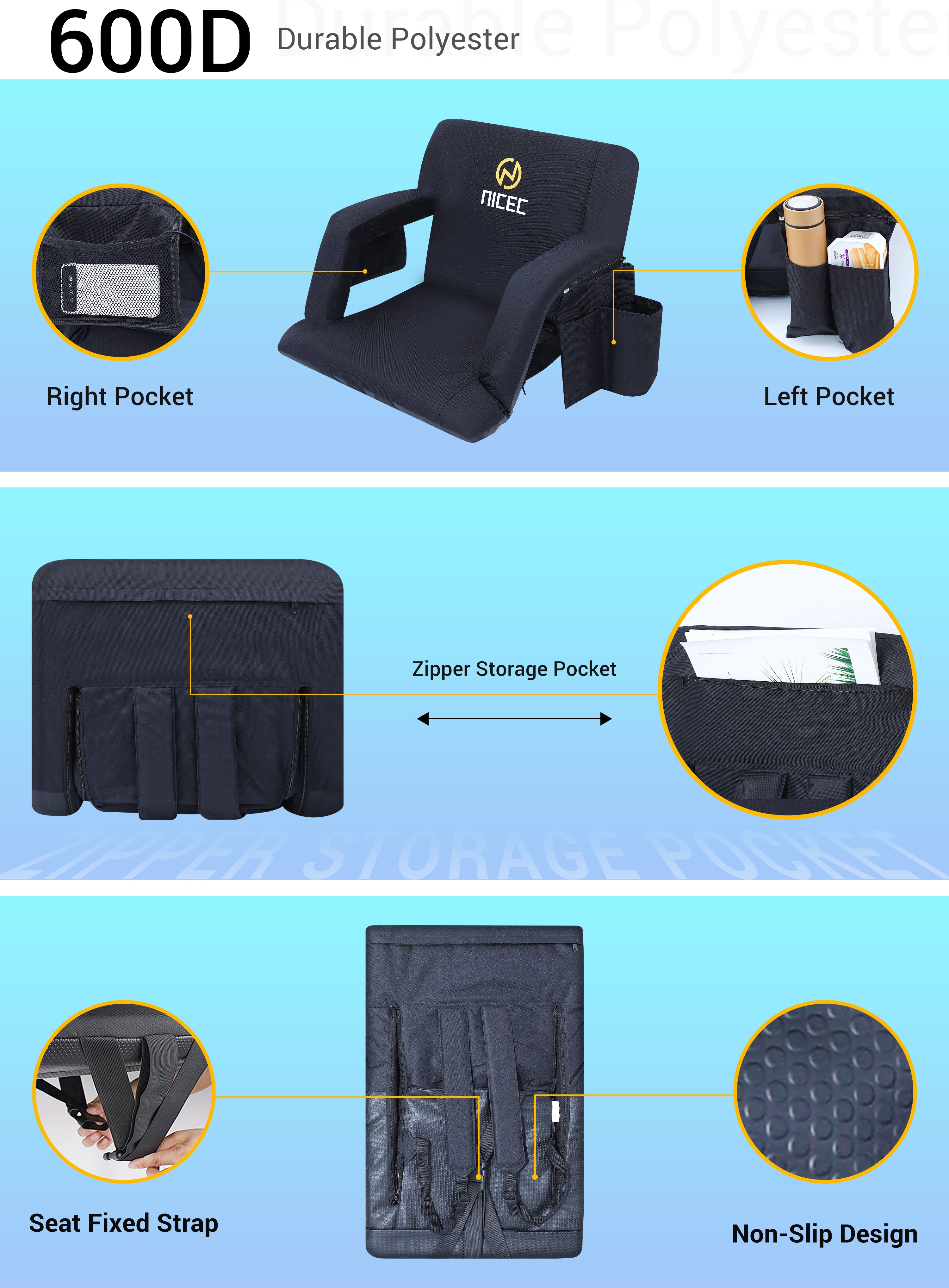 Nice C Reclining Bleacher Seat, Stadium Seat with Back Support (1 Pack/2 Pack) | Reclining Stadium Cushion, Foldable Floor Chair, Shoulder Straps, Side Pockets, Thick Padding, Heat