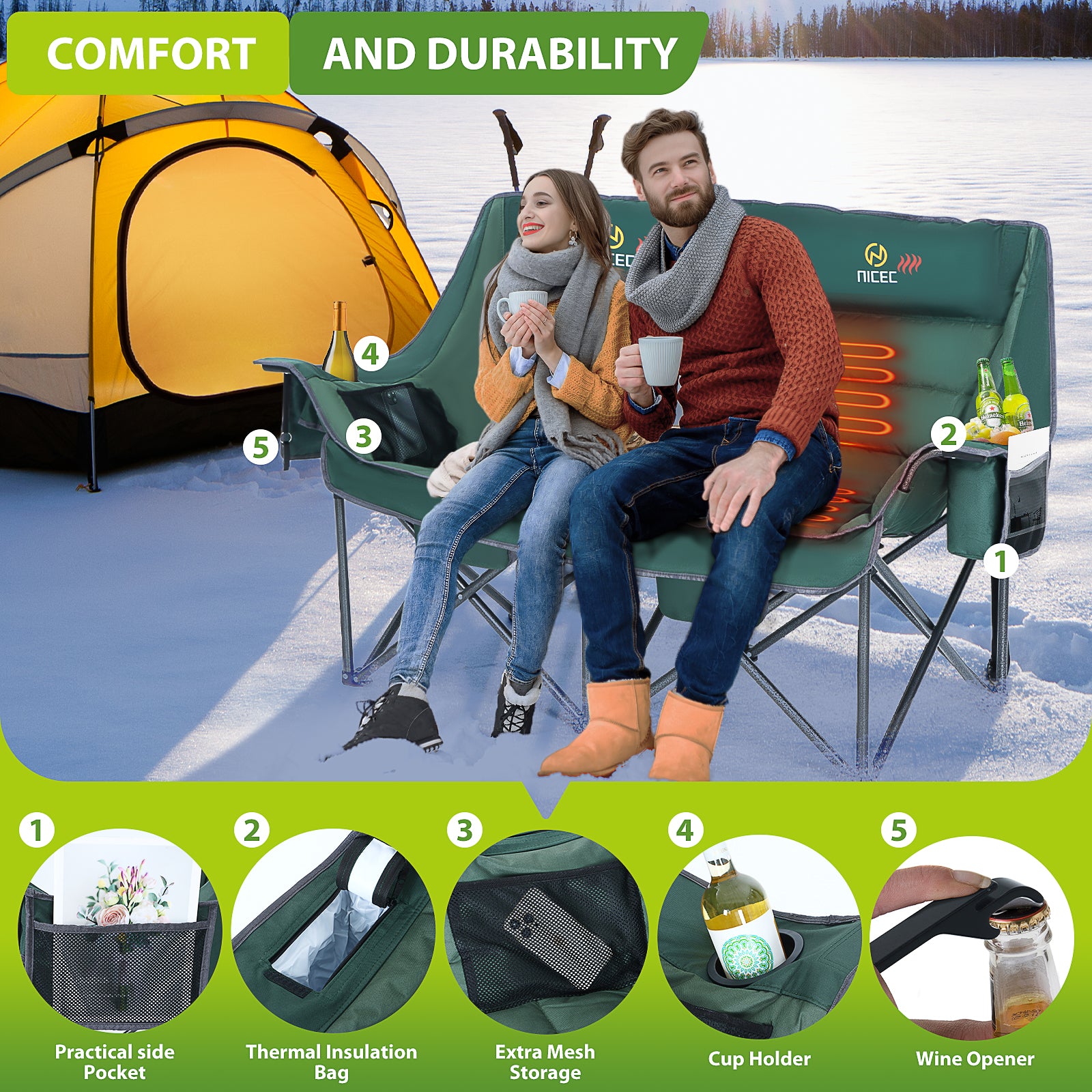 Nice C Padded Heated Loveseat Camping Chair for Adults, with Power Bank &amp; Bottle Opener 