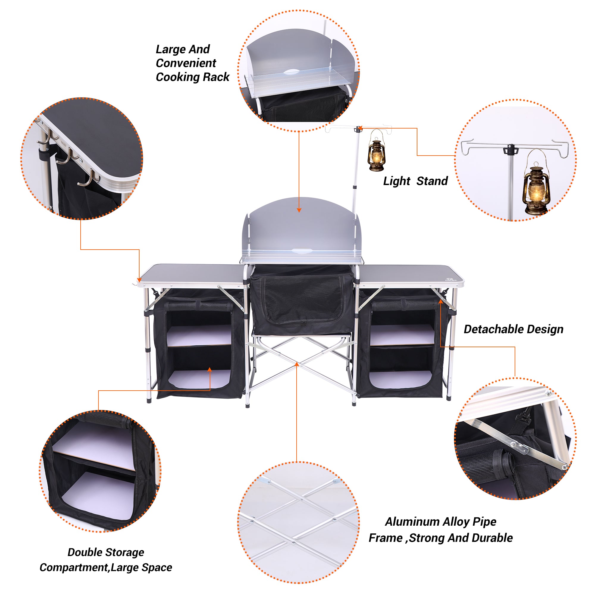 Nice C Camping Kitchen Table, Folding Cook Table, Cook Station (Silver) | Portable Grill Table, Upgraded Light Stand, Windshield, 3 Organizers, Carry Bag, Grill, Outdoor, Beach, BBQ, Picnic, Cooking