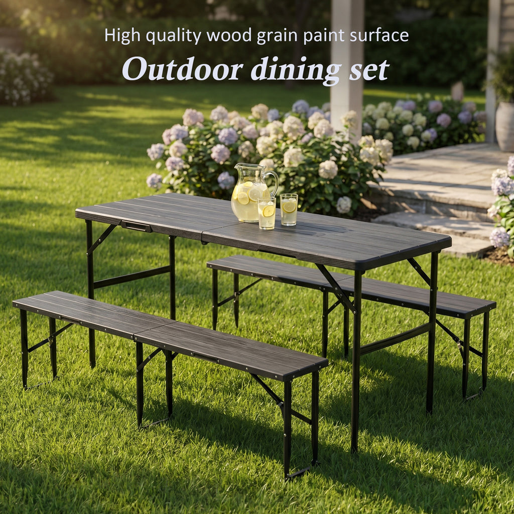 Nice C 6FT Folding Portable Picnic Table Set with 2 Benches (3 PC Black/White) | Plastic Table & Bench Set, Table With Chairs, Wood Grain Surface, Foldable, Indoor, Outdoor, Camping, Patio, Backyard, Picnic