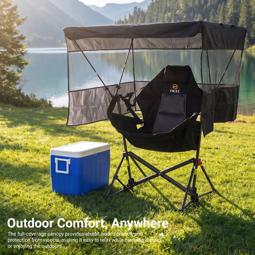 Nice C Hammock Camping Chair with Full-Cover Canopy & Footrest (1 Pack/2 Pack) | Side Shade, Adjustable Reclining Backrest, Folding Design, Removable Roof, Cup Holder, Carry Bag, Camping, Hunting, Fishing
