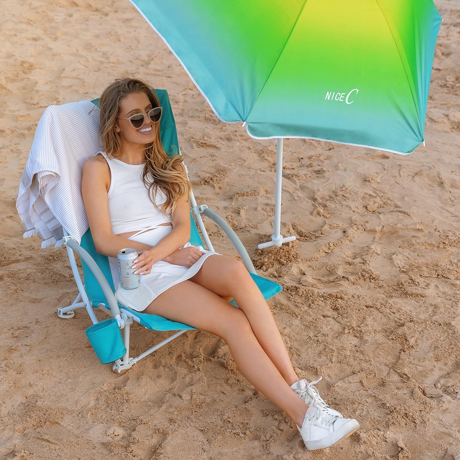 Nice C Beach Chair with Umbrella &amp; Cooler – High Back, Cup Holder, Carry Bag